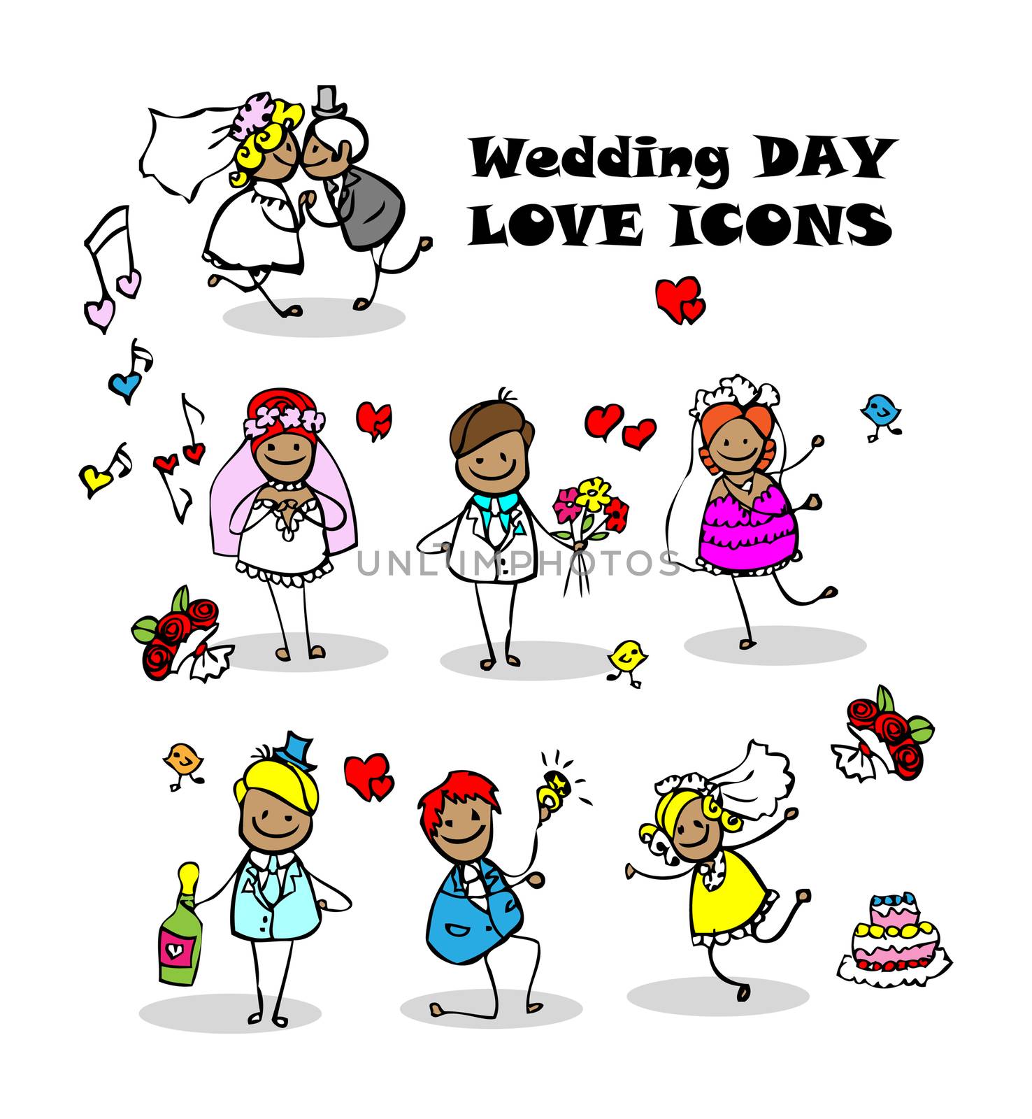 wedding love icons set, kids cartoon design, isolated wed people vector
