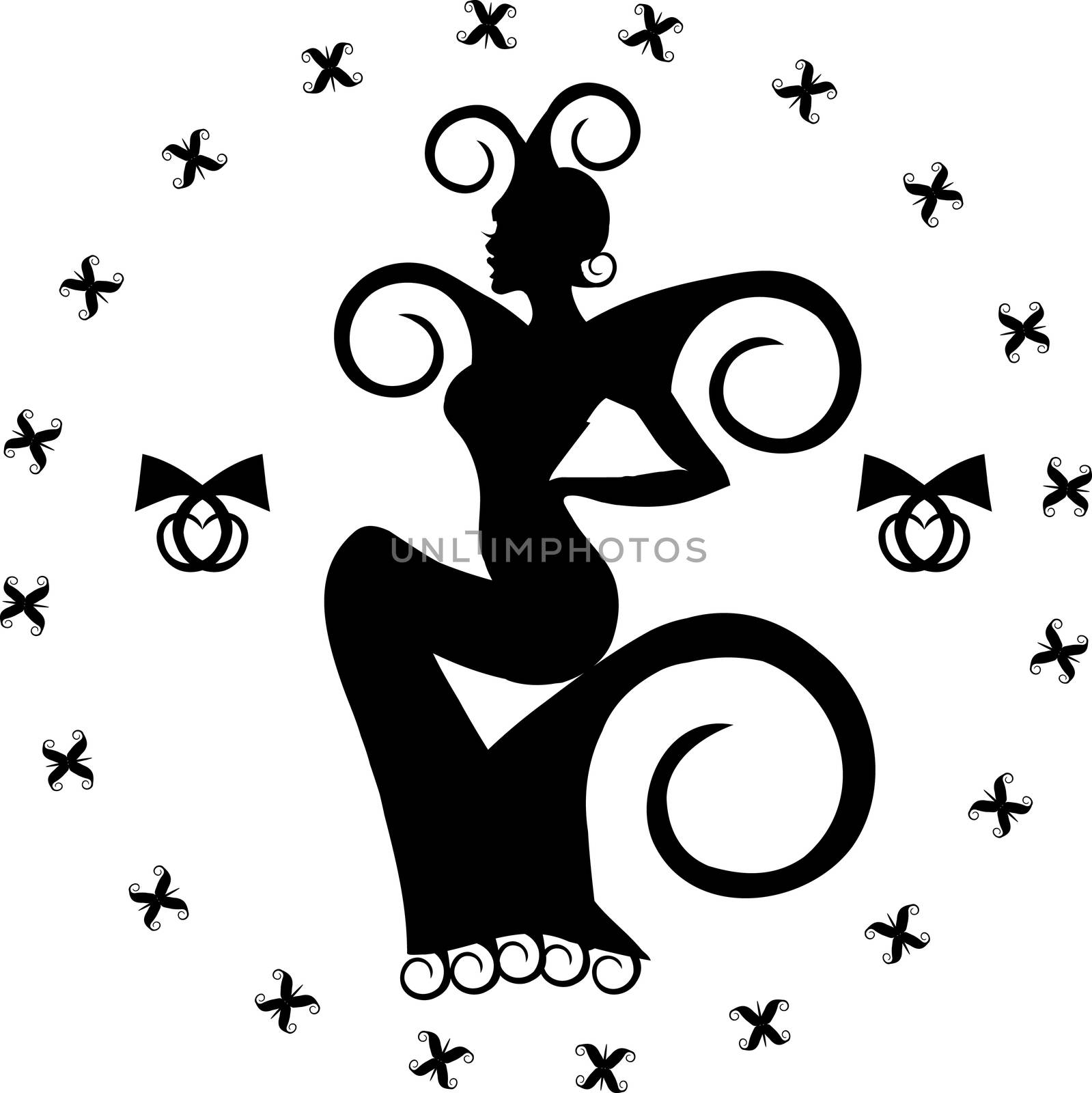Madam butterfly tattoo silhouette. Fashion vector fantasy woman