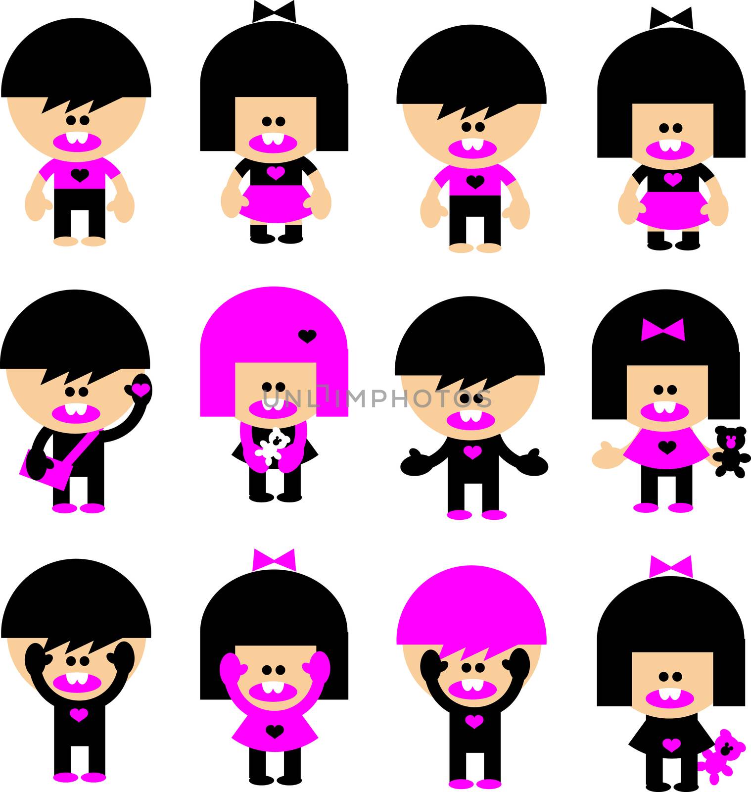Vector Cartoon emo children icons. Boys, girls, heart and bear i by IconsJewelry