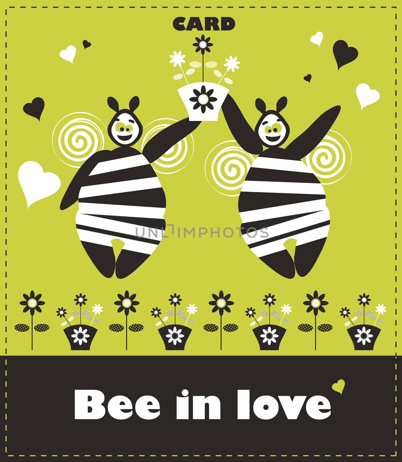 Floral card with couple bee in love. Fake paper congratulation card