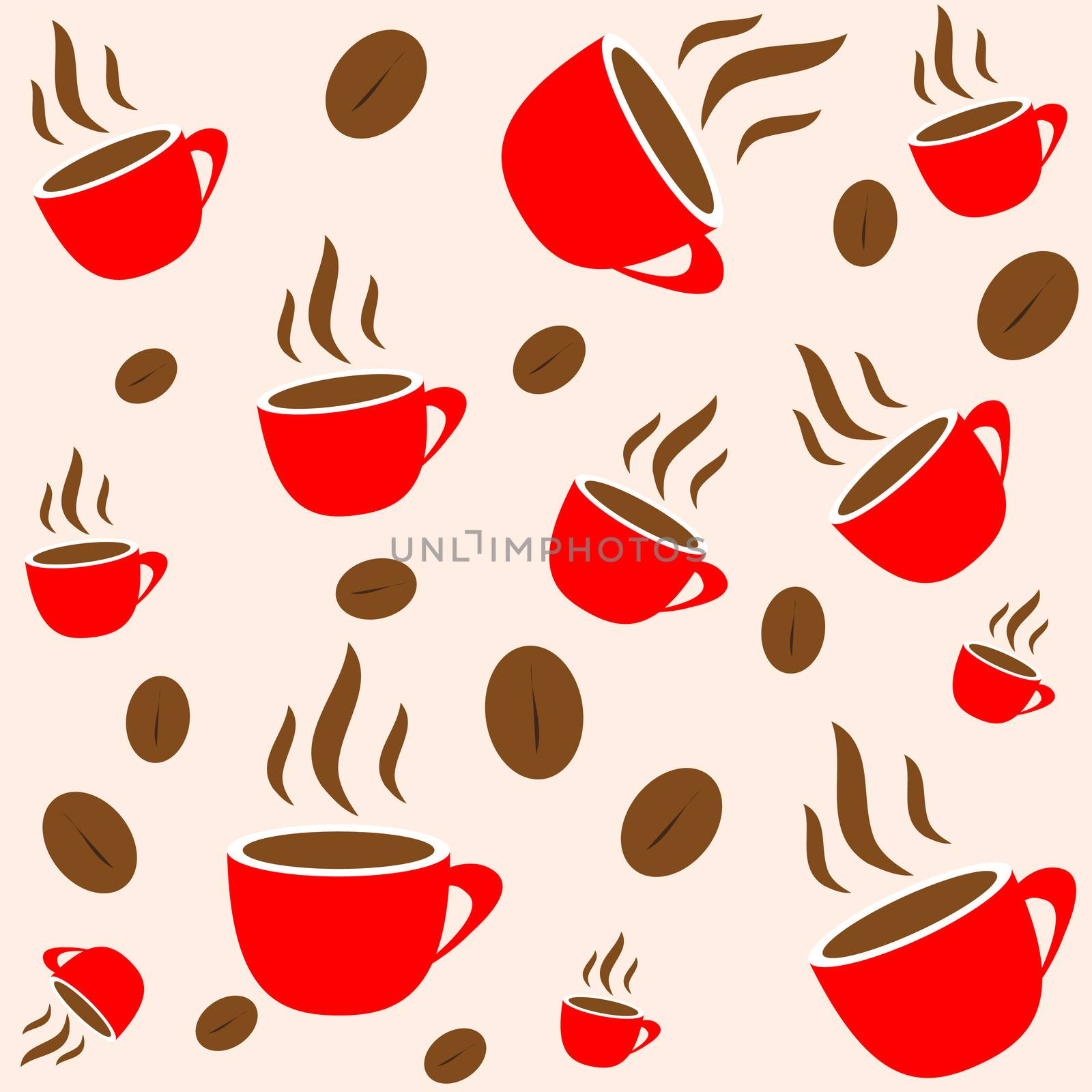Coffee time, red cup and bean seamless vector wallpaper, background