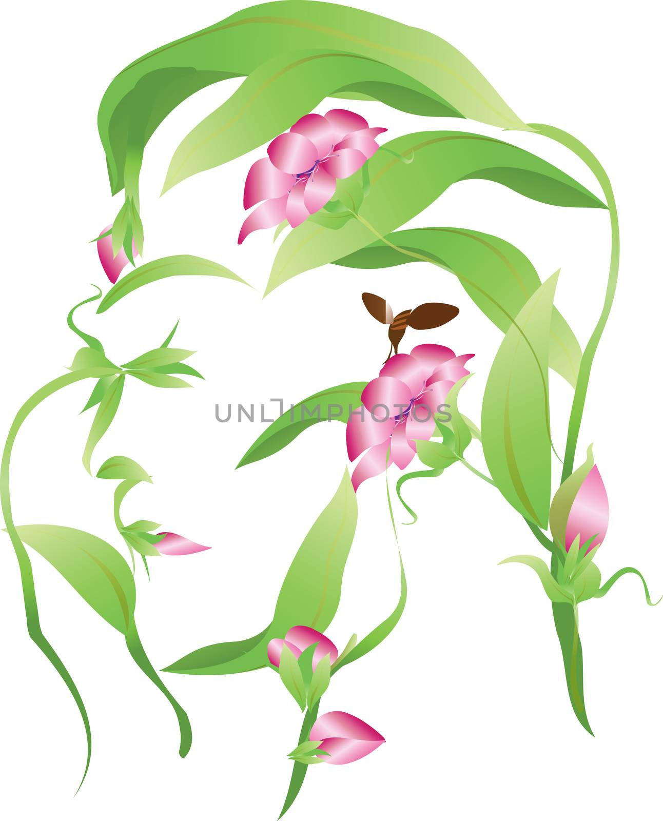 Vector organic man flower silhouette with close eyes, leaves and flowers buds