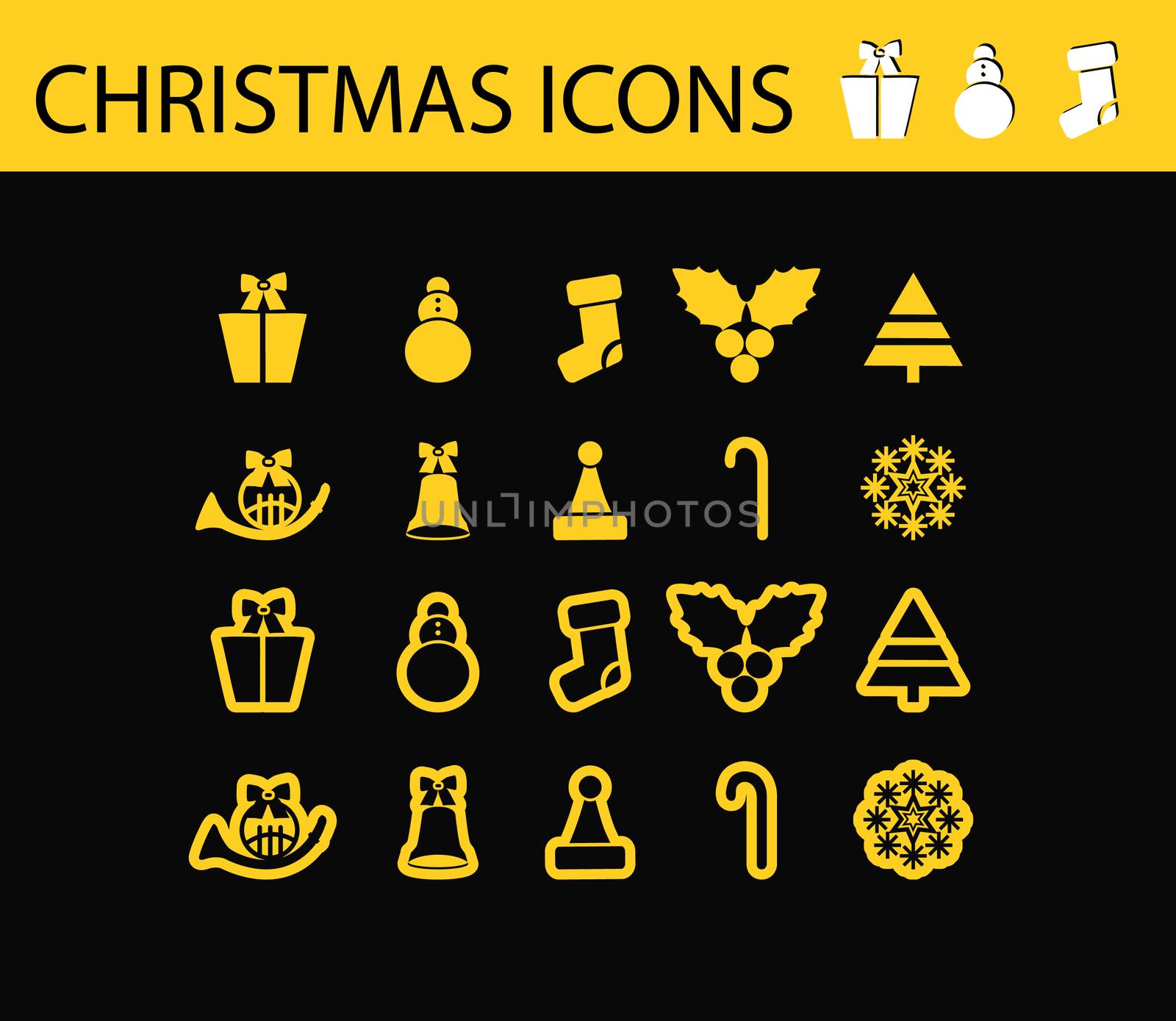 Abstract vector illustration of schristmas icons and symbols, shiny web buttons, tags on black background