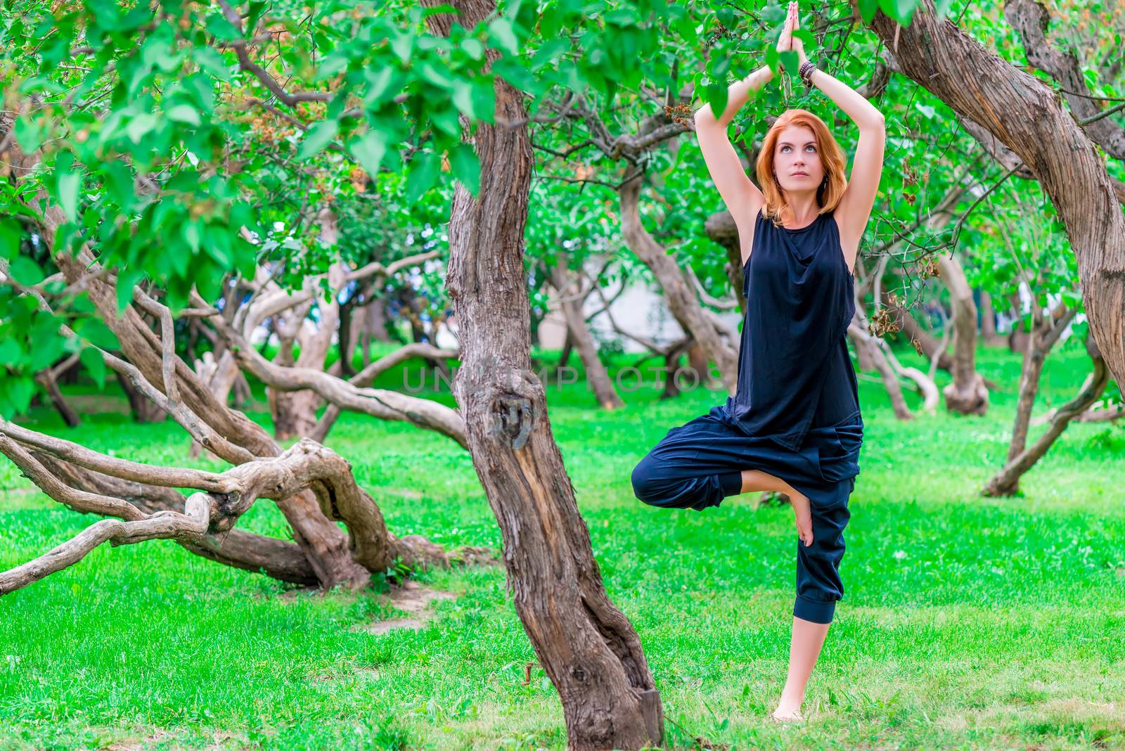 barefoot woman practices yoga in the park among the trees by kosmsos111