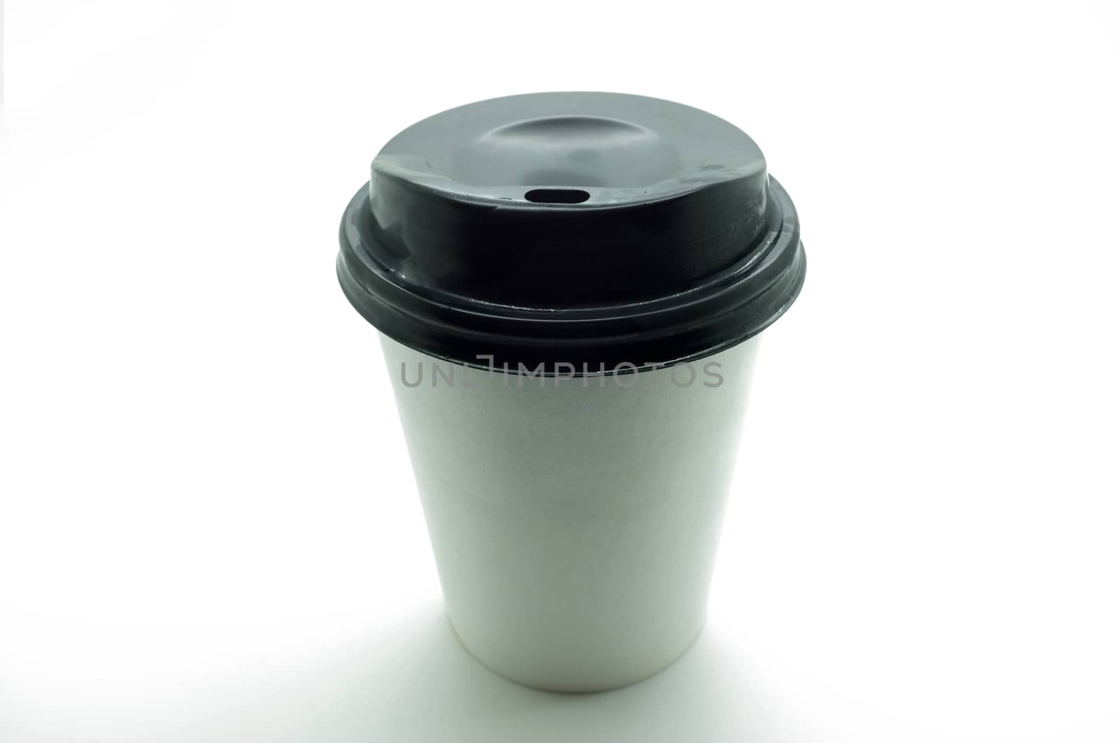 White paper coffee cup with black plastic lid