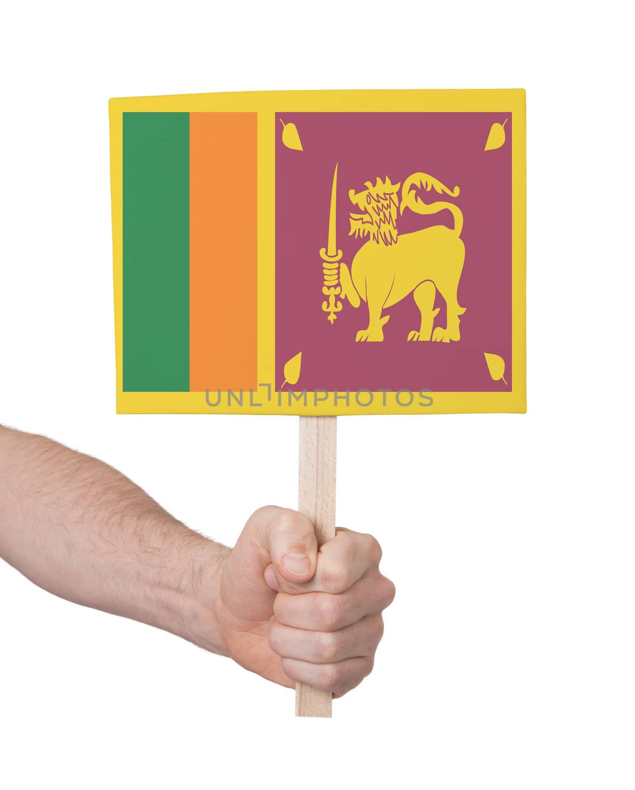 Hand holding small card, isolated on white - Flag of Sri Lanka