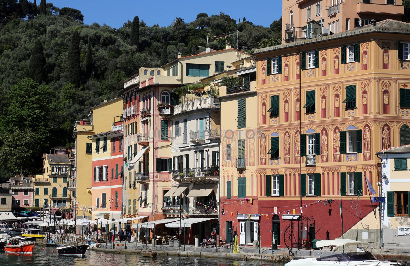 Portofino, Italy on May 04, 2014. Portofino is an Italian fishing village, and upmarket resort famous for its picturesque harbour.