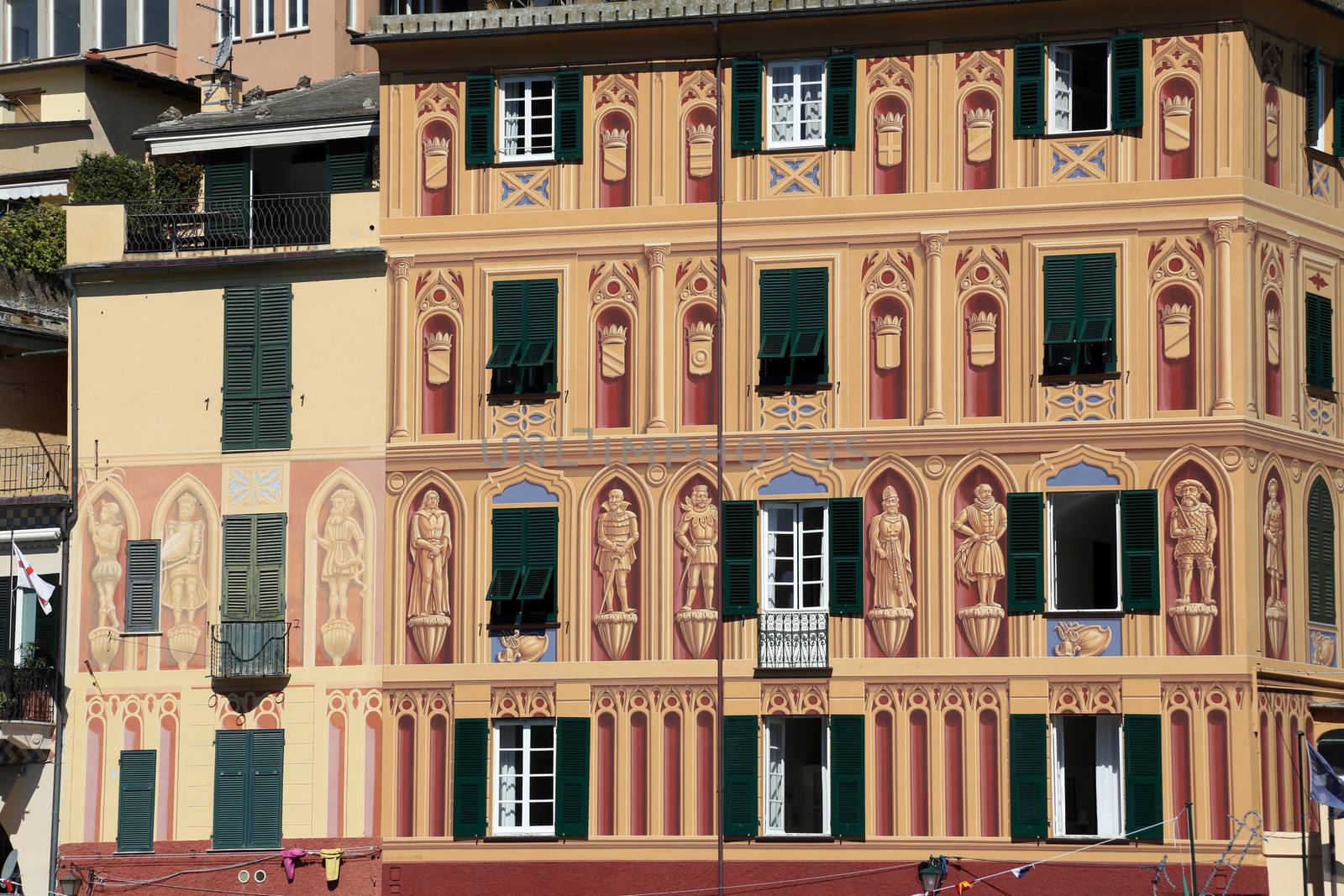 Detail of the colorful pastel houses in sea village of Portofino, Liguria, Italy