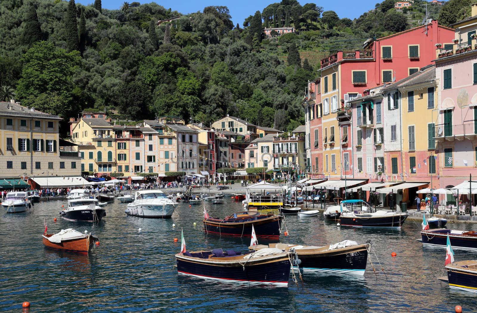 Portofino, Italy on May 04, 2014. Portofino is an Italian fishing village, and upmarket resort famous for its picturesque harbour.