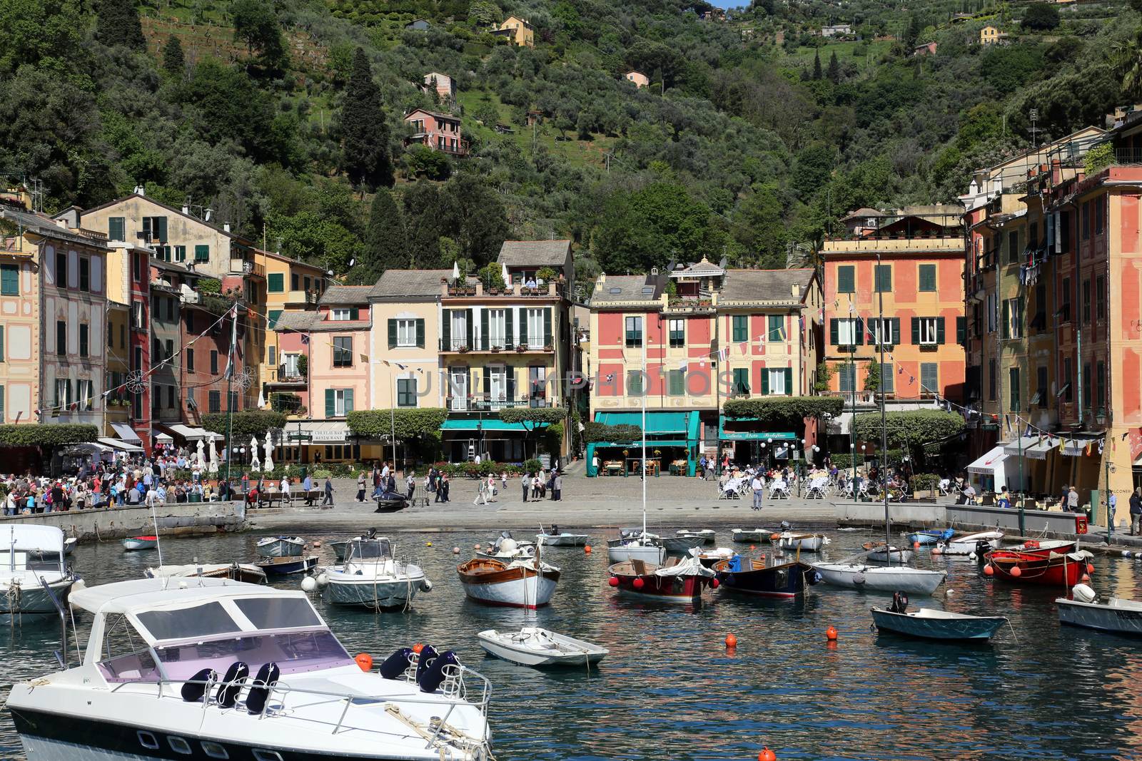 Portofino, Italy on May 04, 2014. Portofino is an Italian fishing village, and upmarket resort famous for its picturesque harbour.