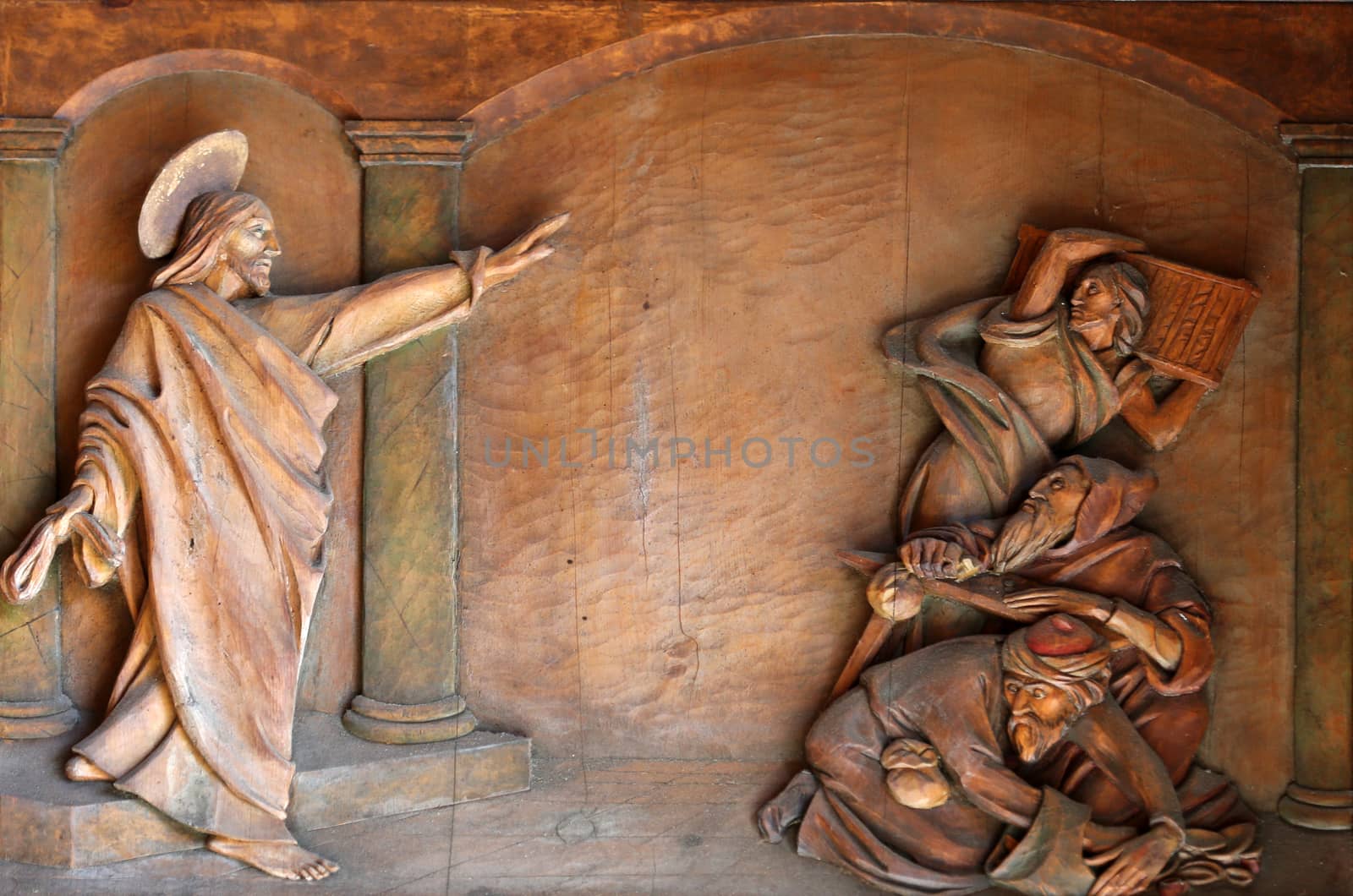 Relief on the door of the church of St. Martin in Portofino, Italy