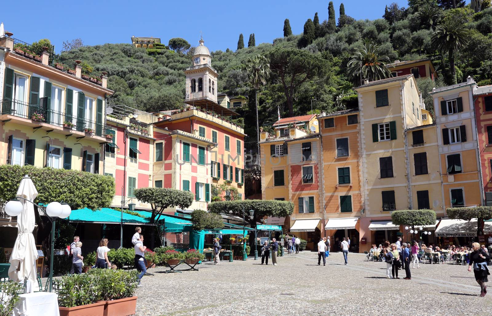 Portofino, Italy on May 04, 2014. Portofino is an Italian fishing village, and upmarket resort famous for its picturesque harbour.