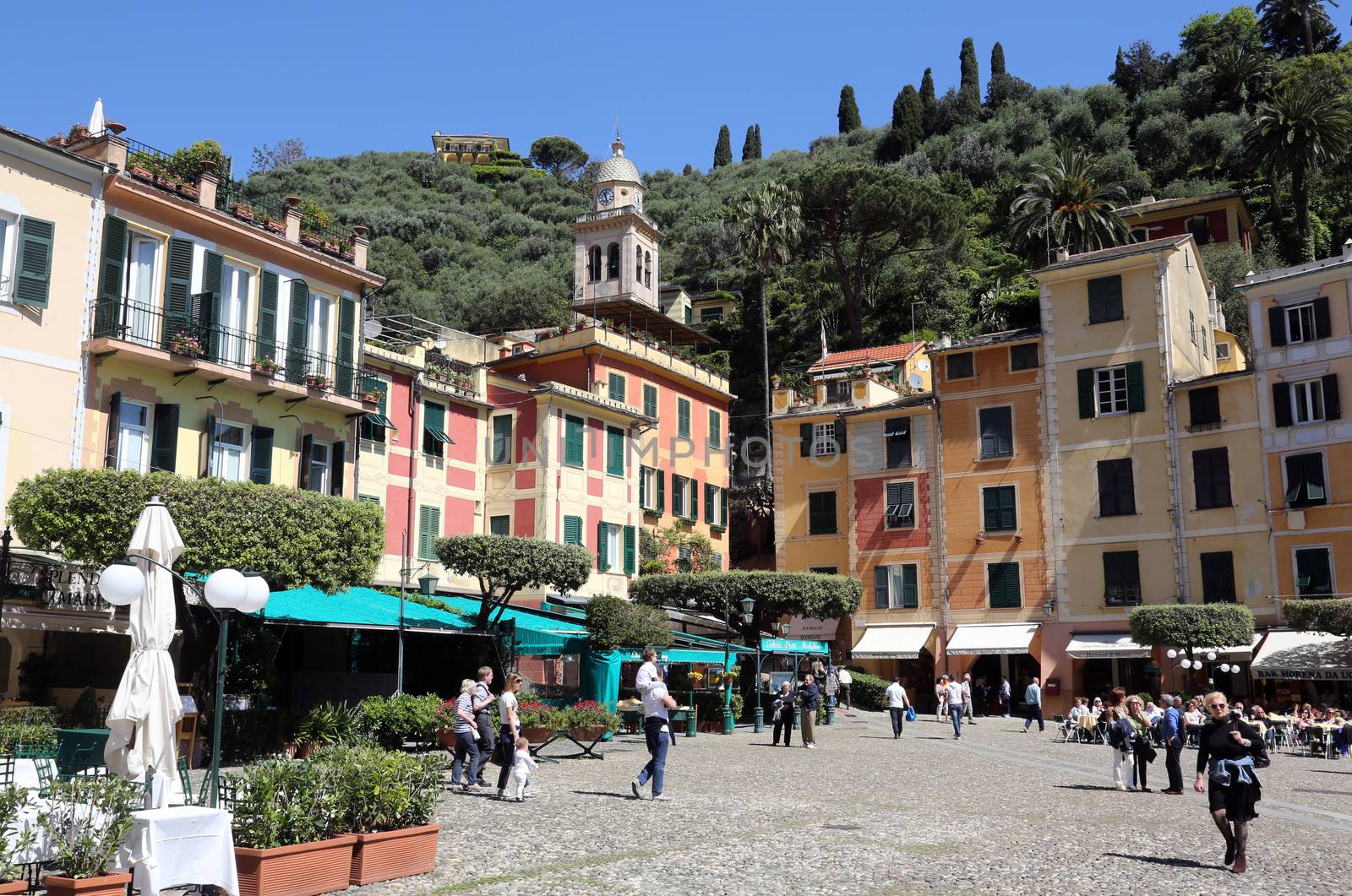 Portofino, Italy on May 04, 2014. Portofino is an Italian fishing village, and upmarket resort famous for its picturesque harbour.