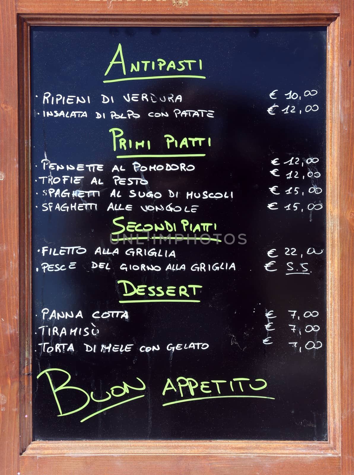 Menu of a restaurant, Portofino, Italy