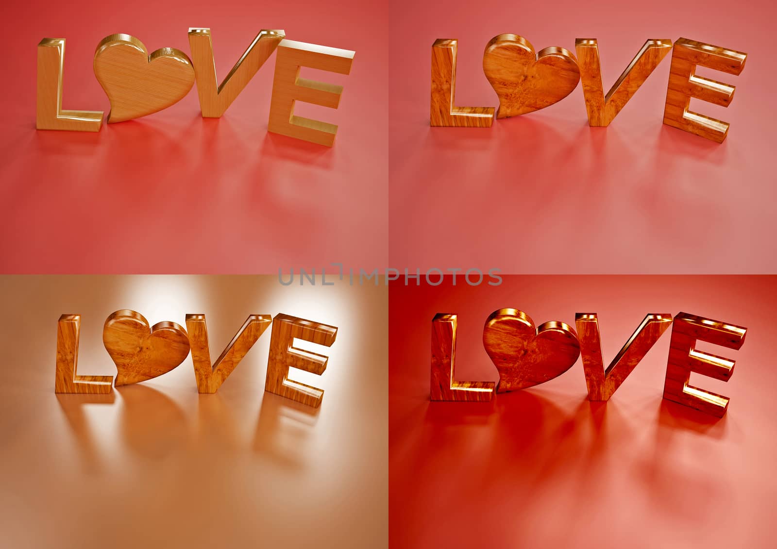 Set of pictures dimensional inscription of LOVE and heart near it.