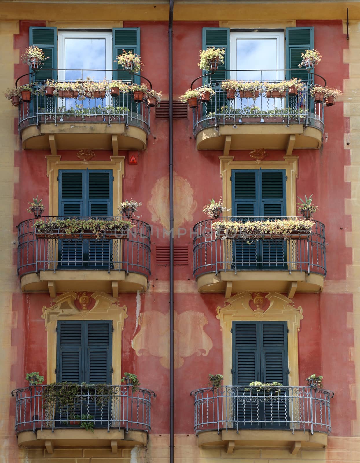 Colorful, ornately painted buildings in Santa Margherita Ligure, Italy