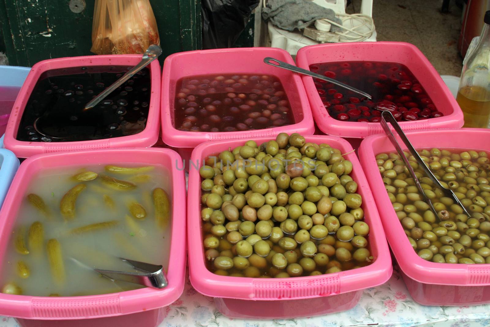 Sale of pickles in the souq of the Muslim Quarter in the Old City October 3, 2006 in Jerusalem, IL. Souqs are traditional middle eastern markets selling various foods and commodities.