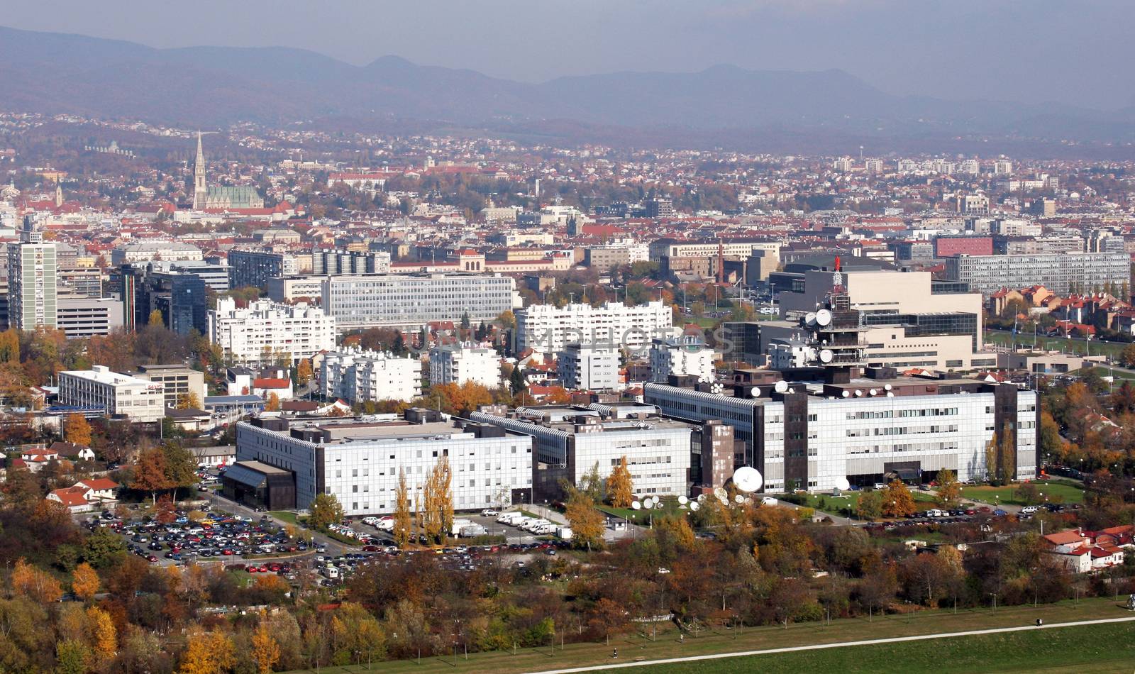 Croatian National Radio and Television Building of and the city of Zagreb in the background on October 14, 2007.