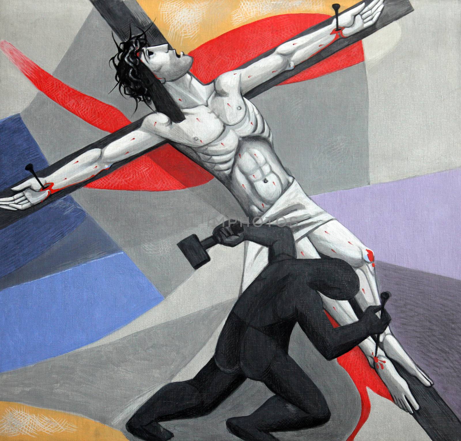 11th Stations of the Cross, Crucifixion: Jesus is nailed to the cross in the Church of the Holy Trinity on July 18, 2013 in the Bavarian village of Gemünden am Main, in the Diocese of Würzburg.