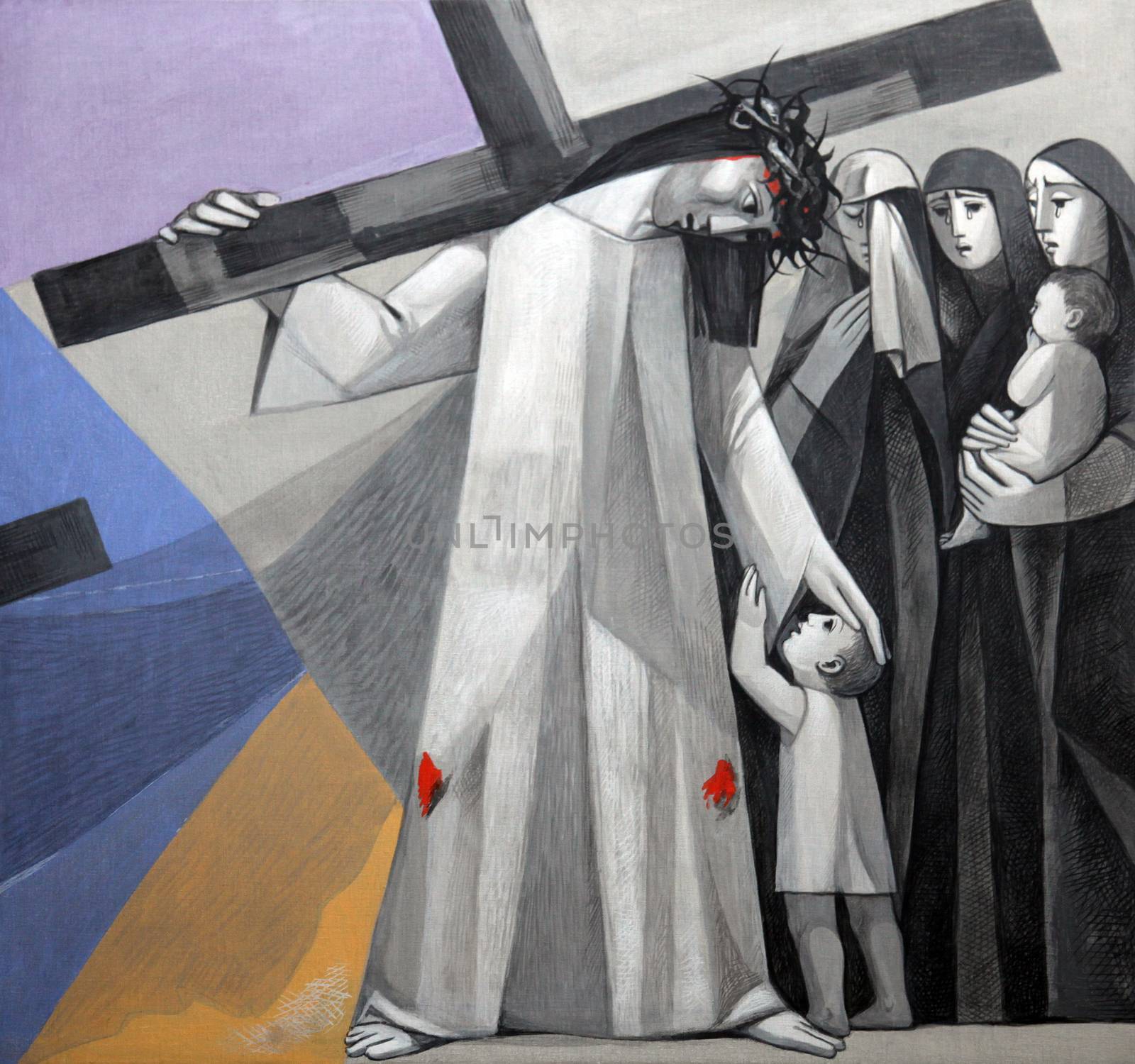 8th Stations of the Cross, Jesus meets the daughters of Jerusalem in the Church of the Holy Trinity on July 18, 2013 in the Bavarian village of Gemünden am Main, in the Diocese of Würzburg.