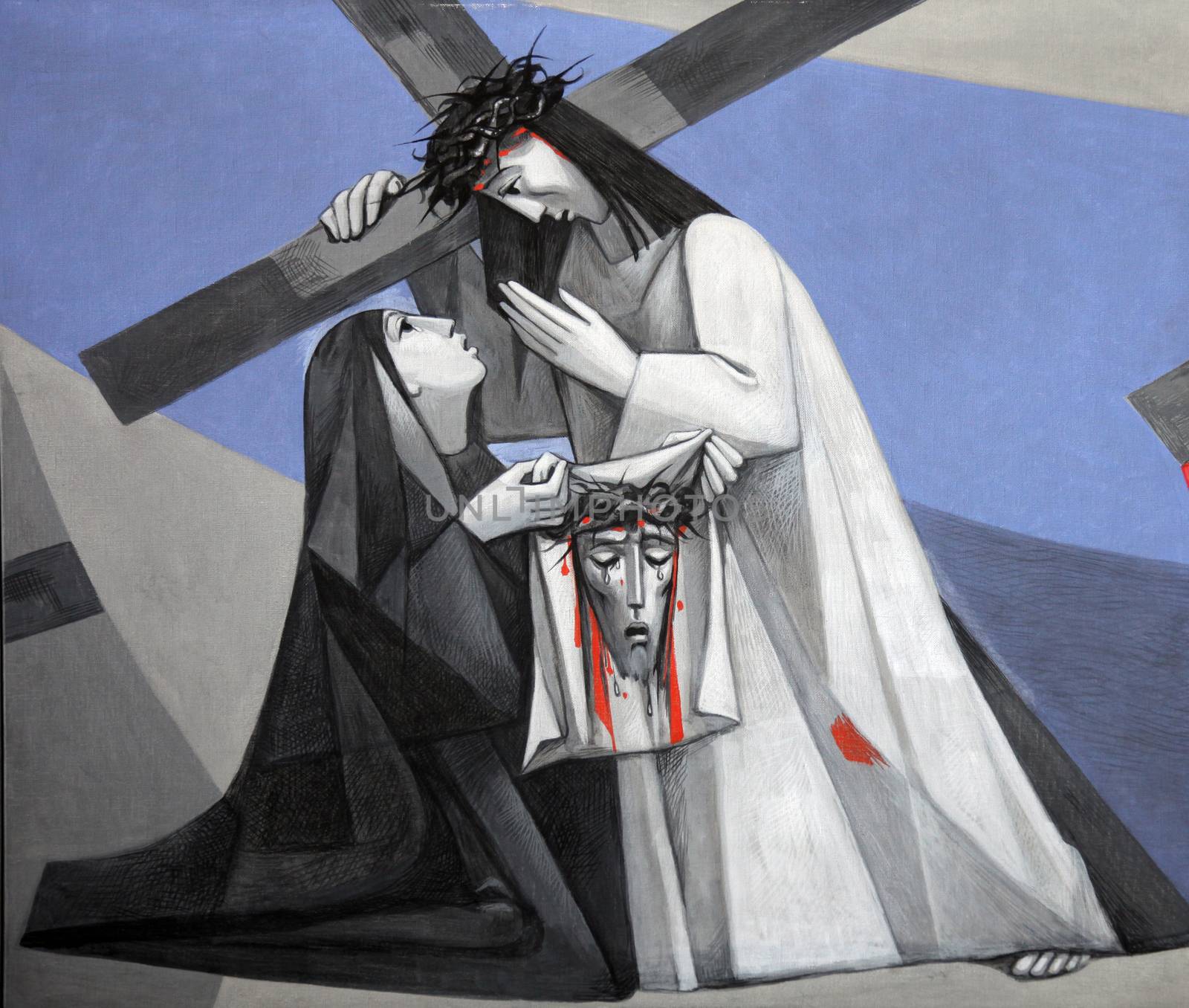 6th Stations of the Cross, Veronica wipes the face of Jesus in the Church of the Holy Trinity on July 18, 2013 in the Bavarian village of Gemünden am Main, in the Diocese of Würzburg.