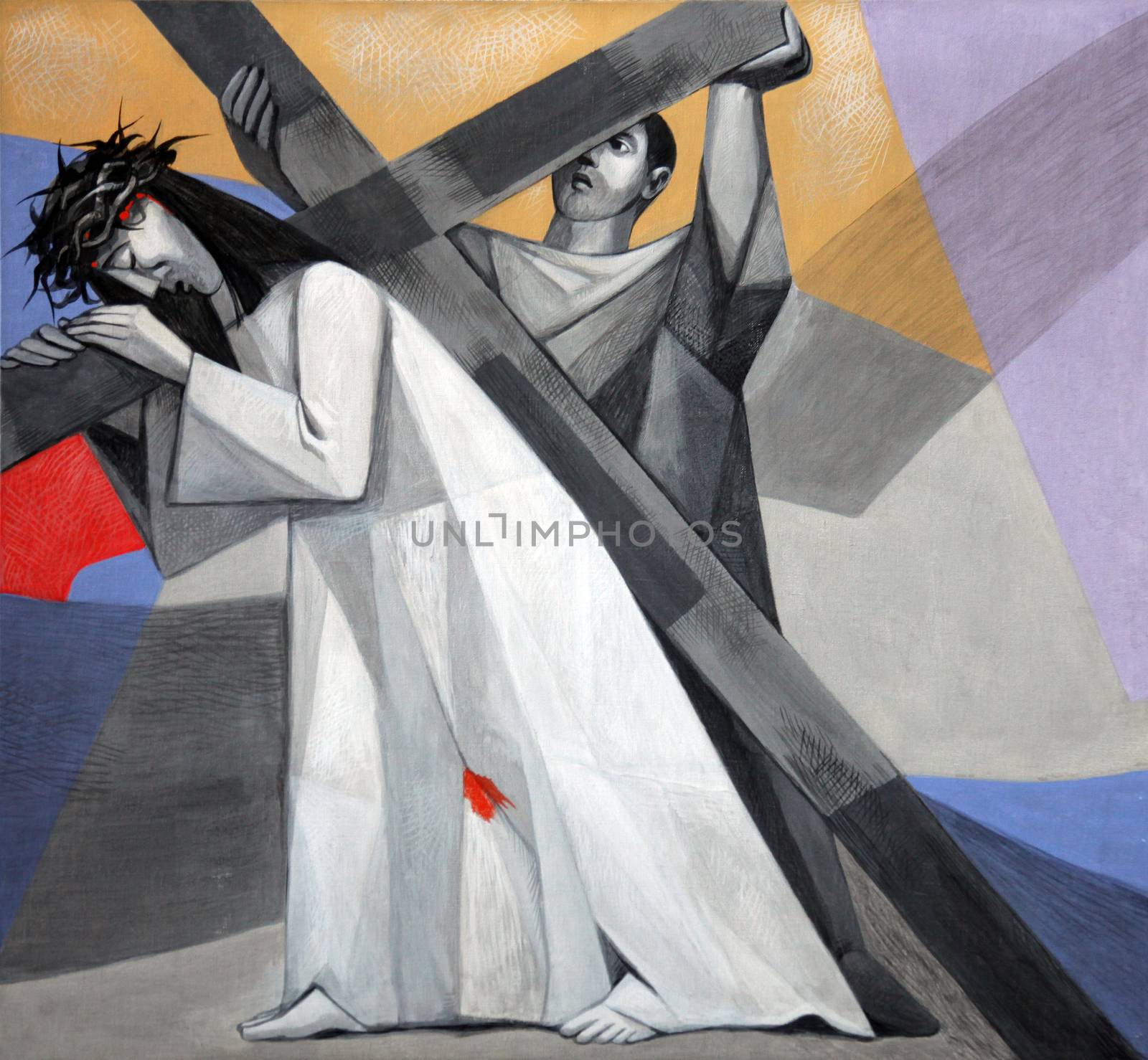 5th Stations of the Cross, Simon of Cyrene carries the cross in the Church of the Holy Trinity on July 18, 2013 in the Bavarian village of Gemünden am Main, in the Diocese of Würzburg.
