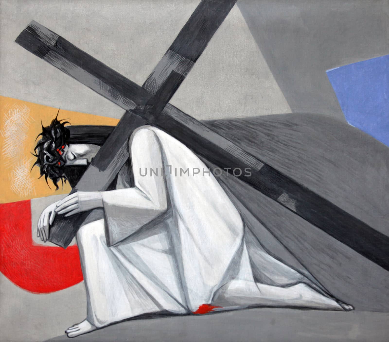3rd Stations of the Cross, Jesus falls the first time in the Church of the Holy Trinity on July 18, 2013 in the Bavarian village of Gemünden am Main, in the Diocese of Würzburg.