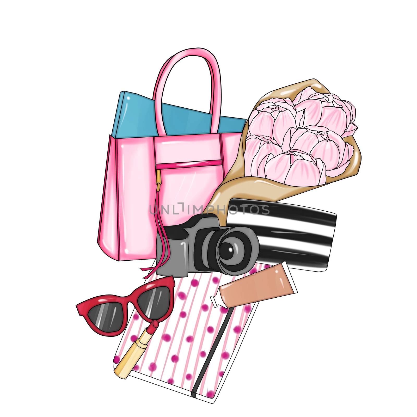 Hand drawn fashion illustration - Background - Fashion designer bag with various items by GGillustrations