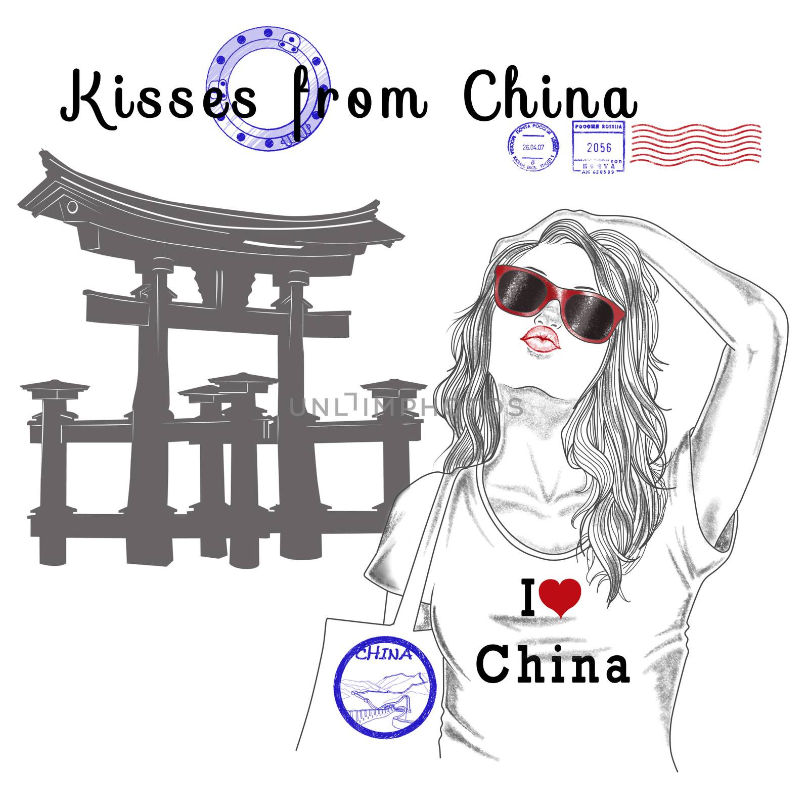 fashion Illustration - Postcard - Girl with monument background and post stamps - Beijing - China - Asia