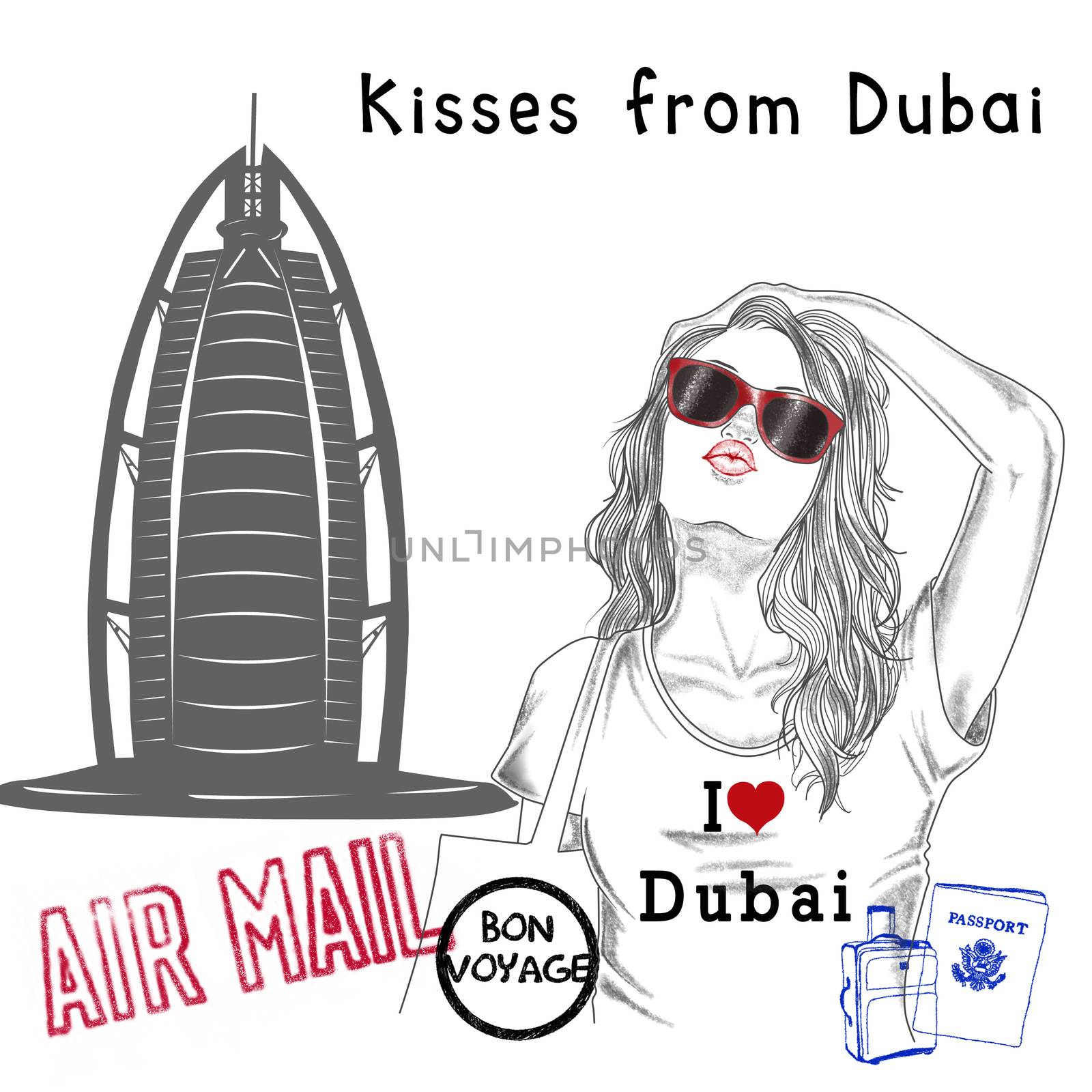 fashion Illustration - Postcard - Girl with monument background and post stamps - dubai by GGillustrations