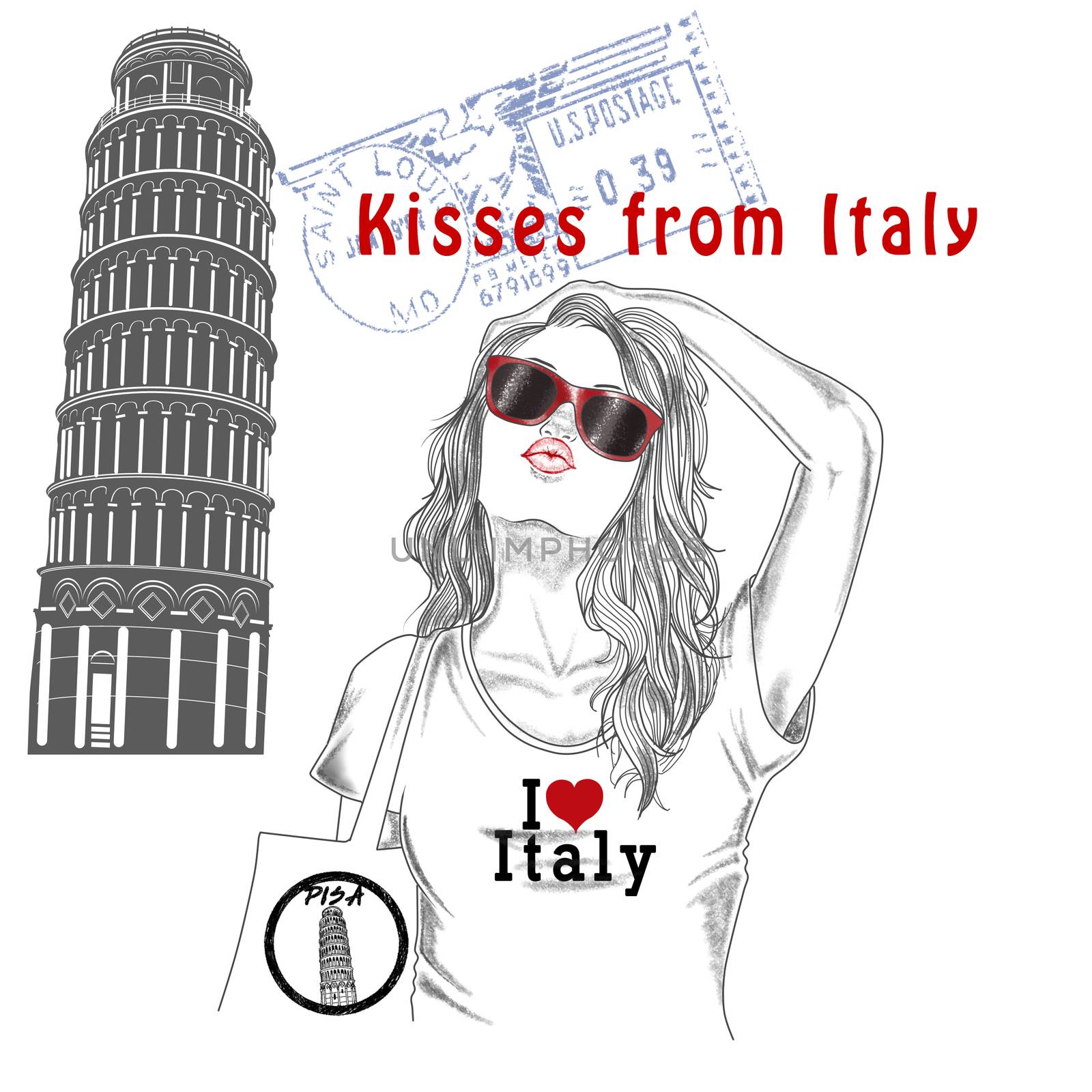 fashion Illustration - Postcard - Girl with monument background and post stamps - Italy
