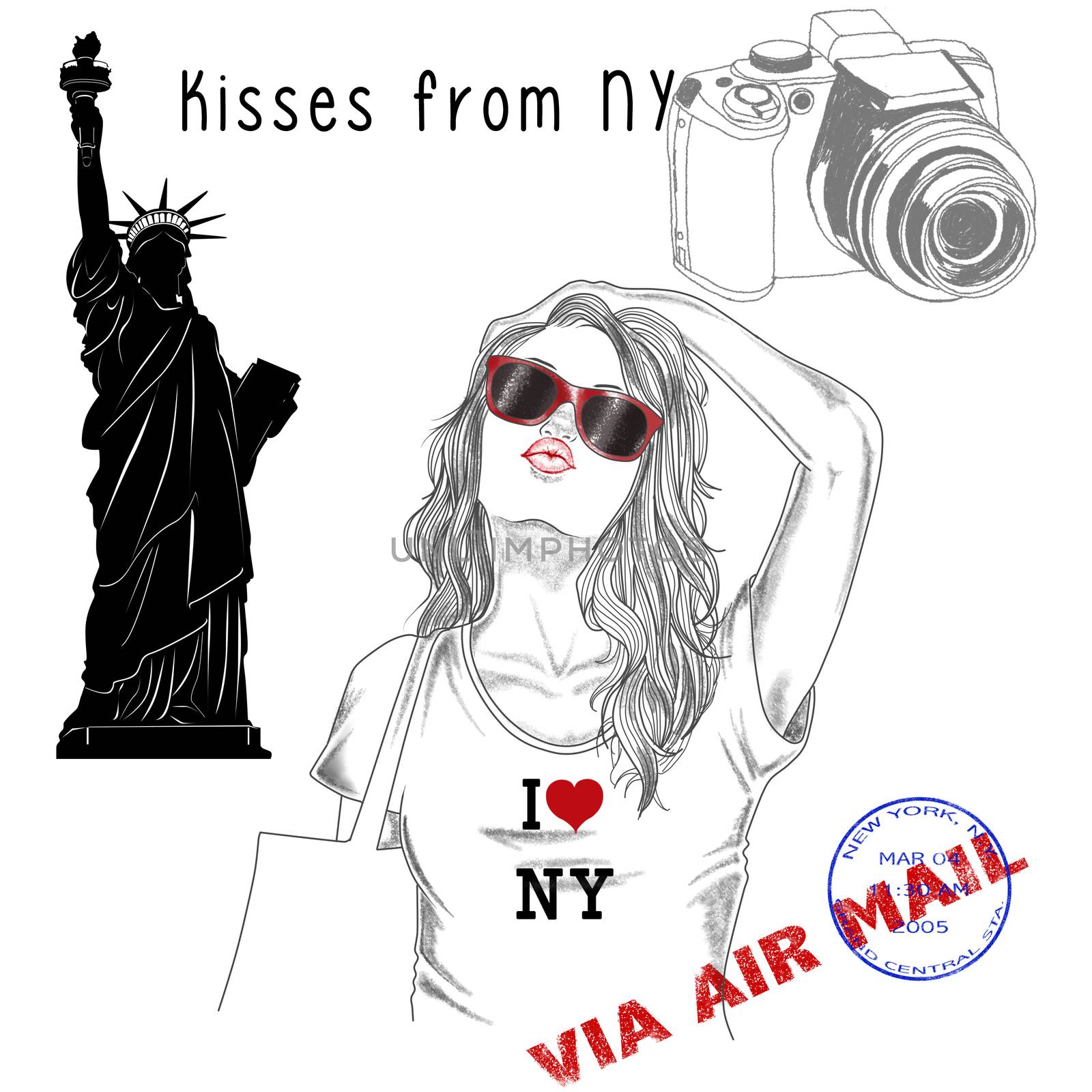 fashion Illustration - Postcard - Girl with monument background and post stamps - New York by GGillustrations