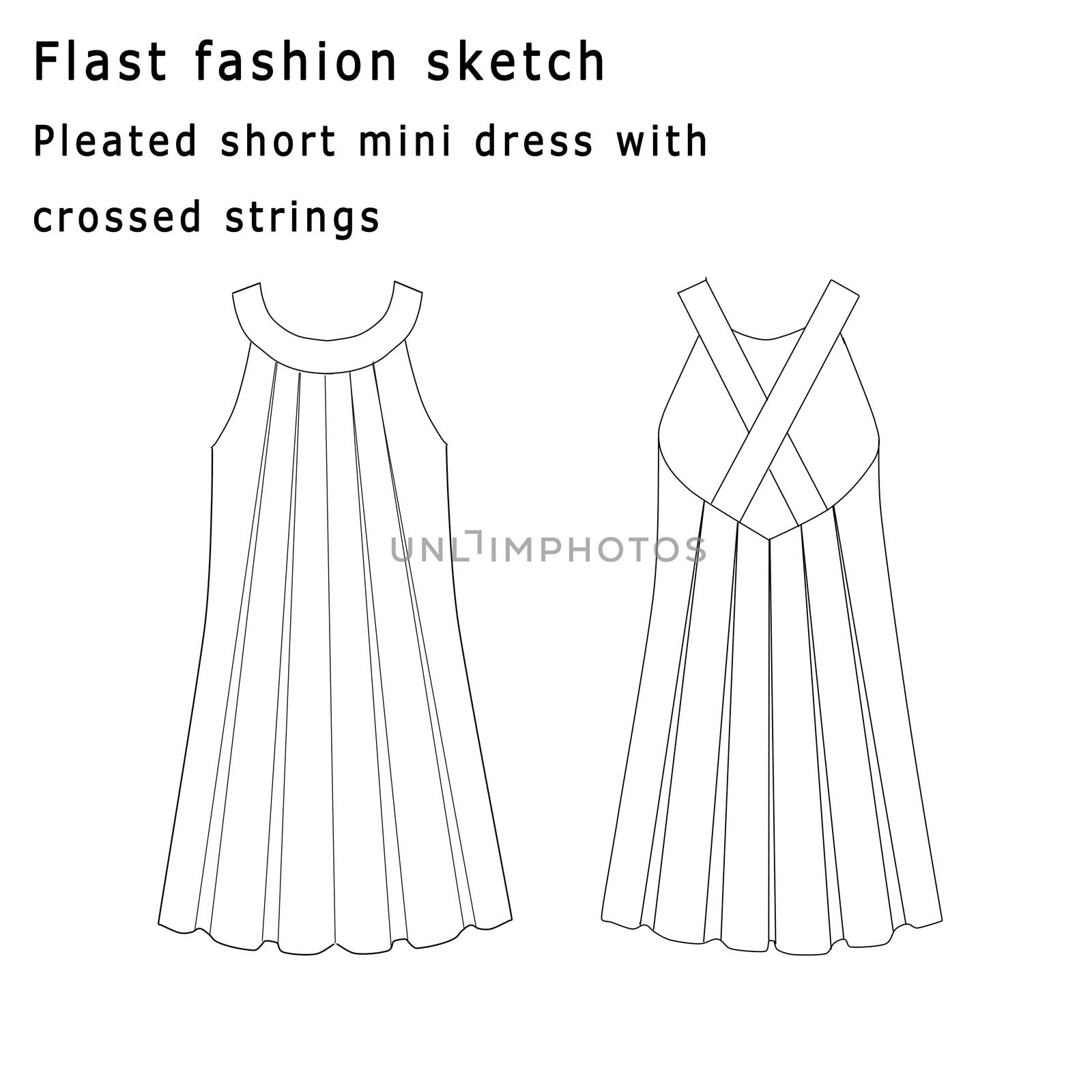 Flat fashion template sketch - Pleated dress with crossed string by GGillustrations