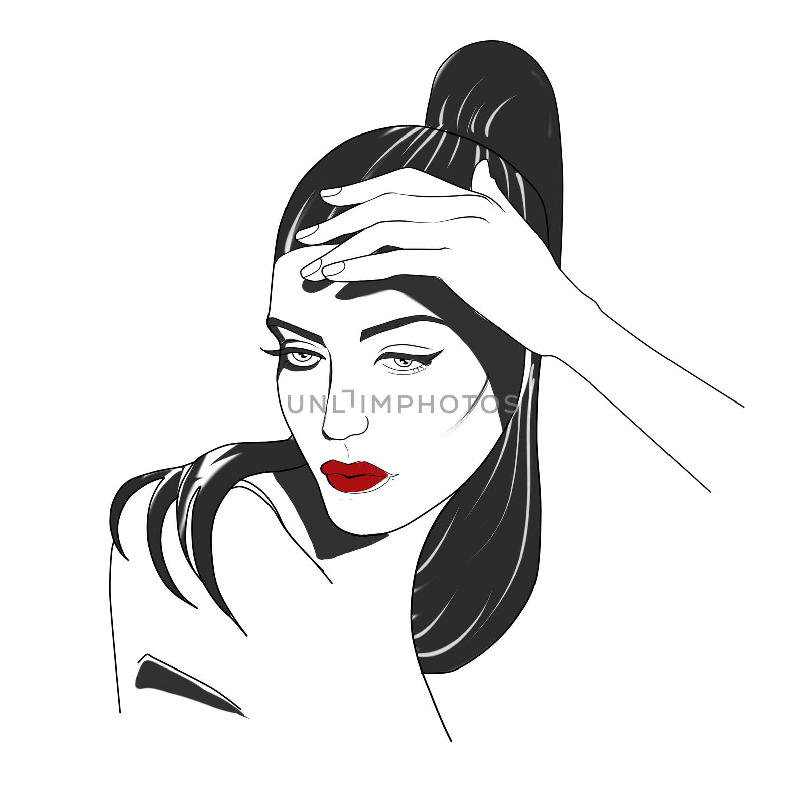 Fashion Illustration - Portrait of woman - Stylized portrait of woman in black and white by GGillustrations