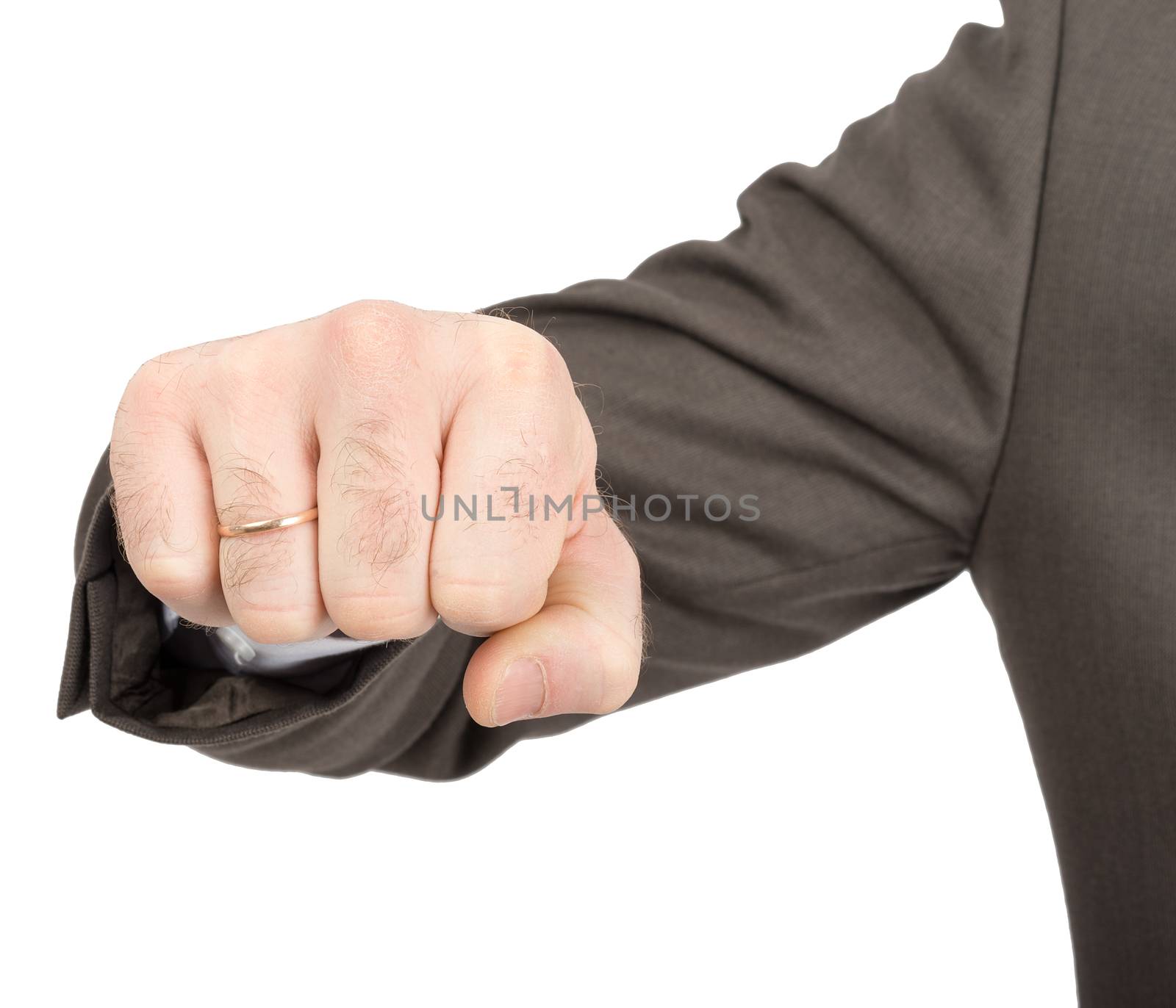 Businessman showing fist isolated on white background, closeup