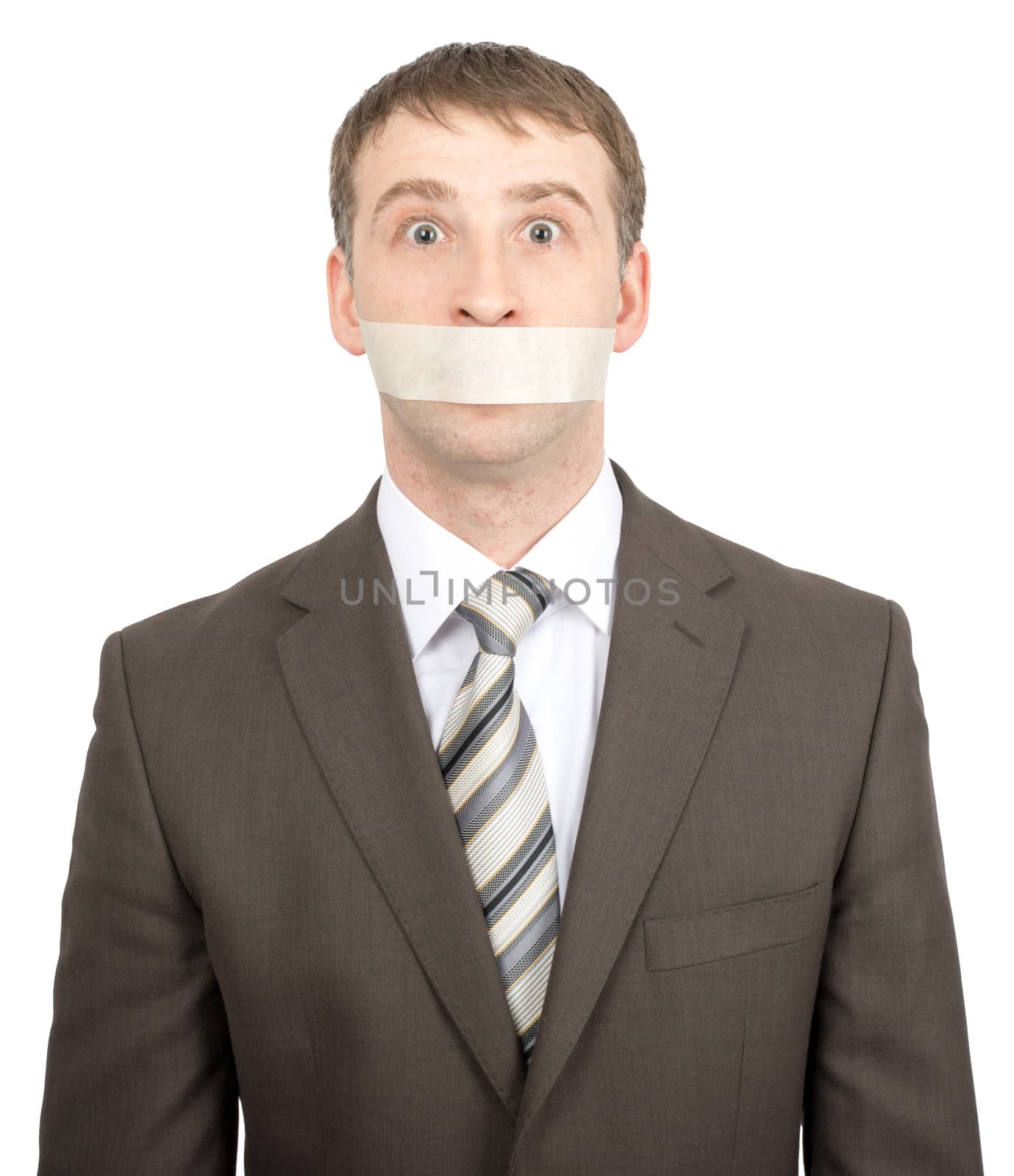Scared businessman with tape over his mouth by cherezoff
