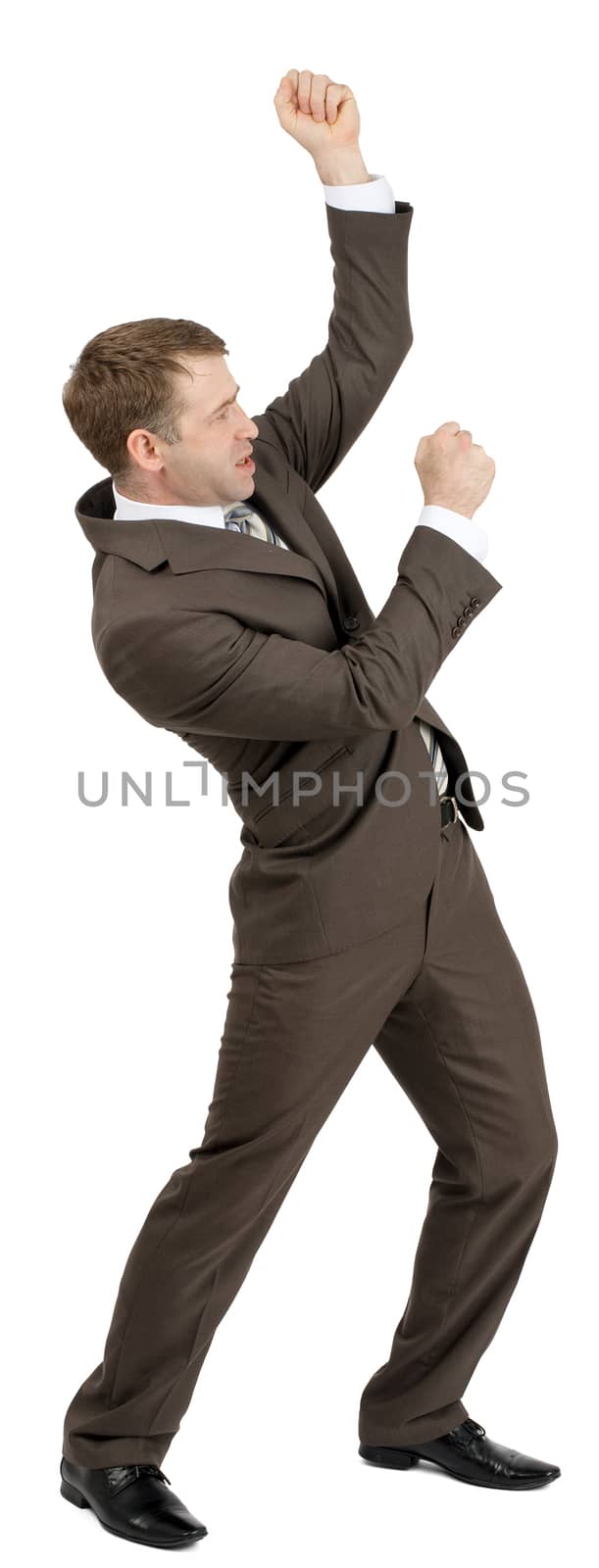 Businessman holding invisible thing isolated on white background, side view