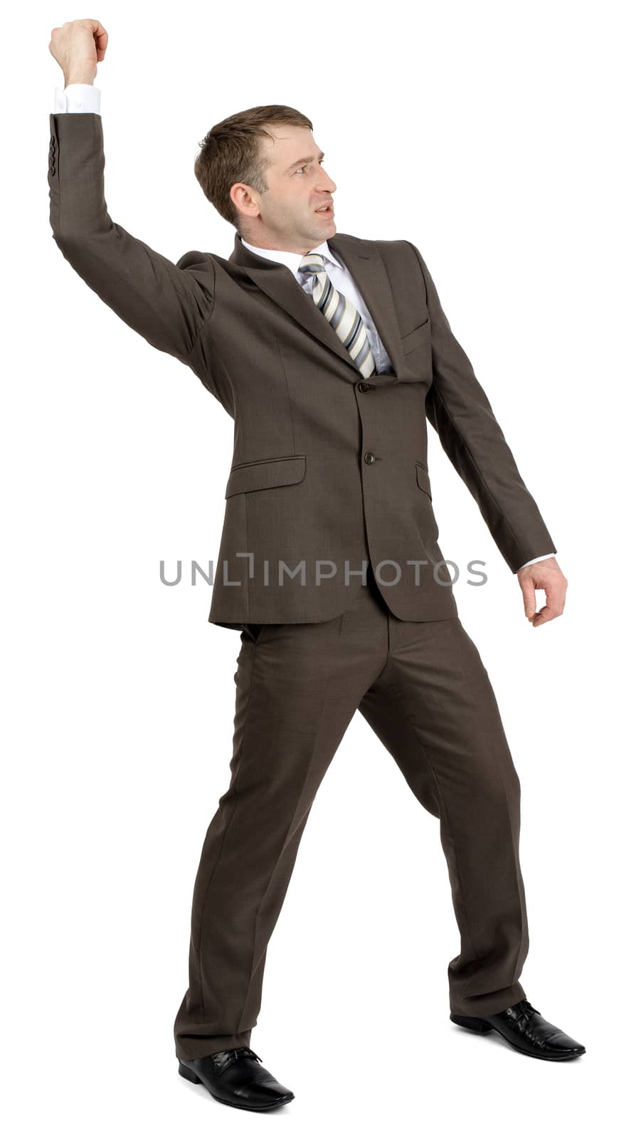 Businessman holding invisible spear by cherezoff