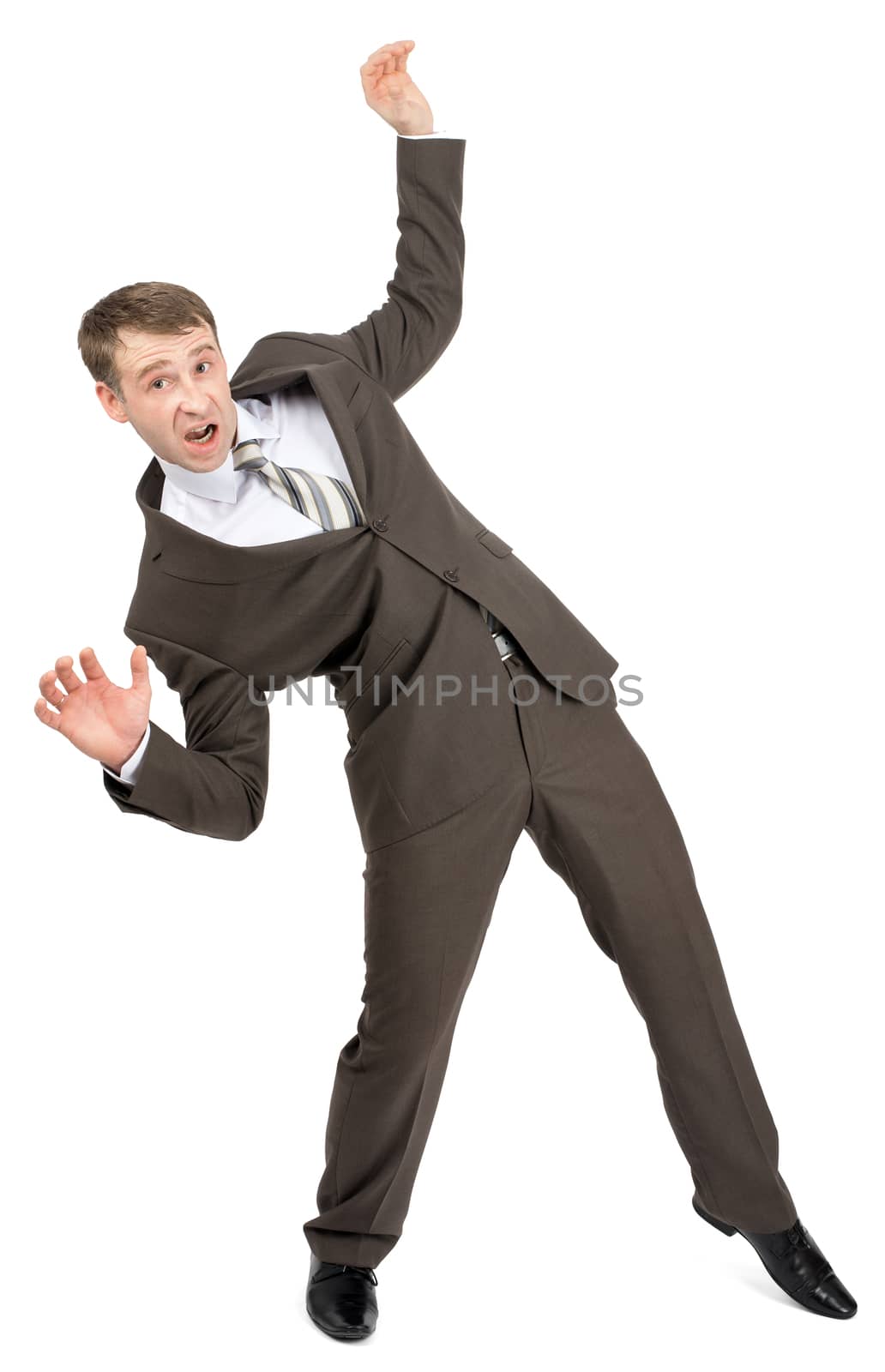 Scared businessman in falling position isolated on white background