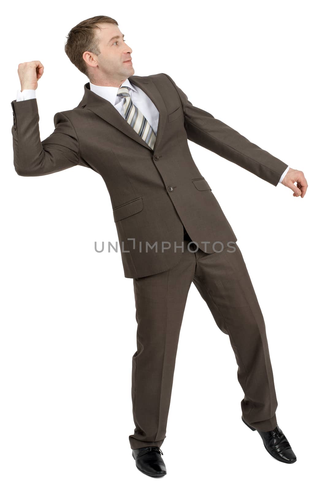 Businessman throwing invisible thing isolated on white background