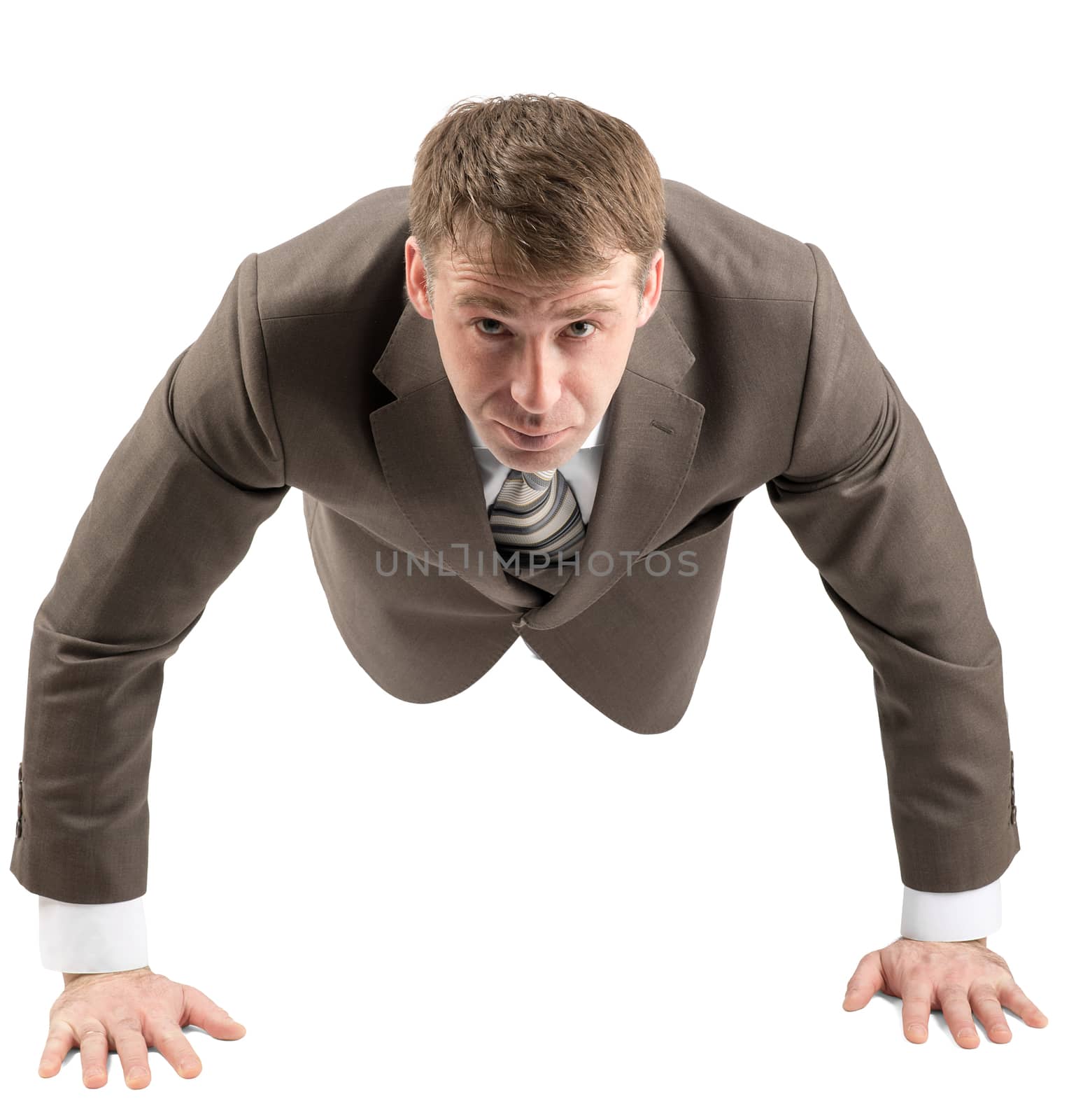 Businessman doing push-ups isolated on white background