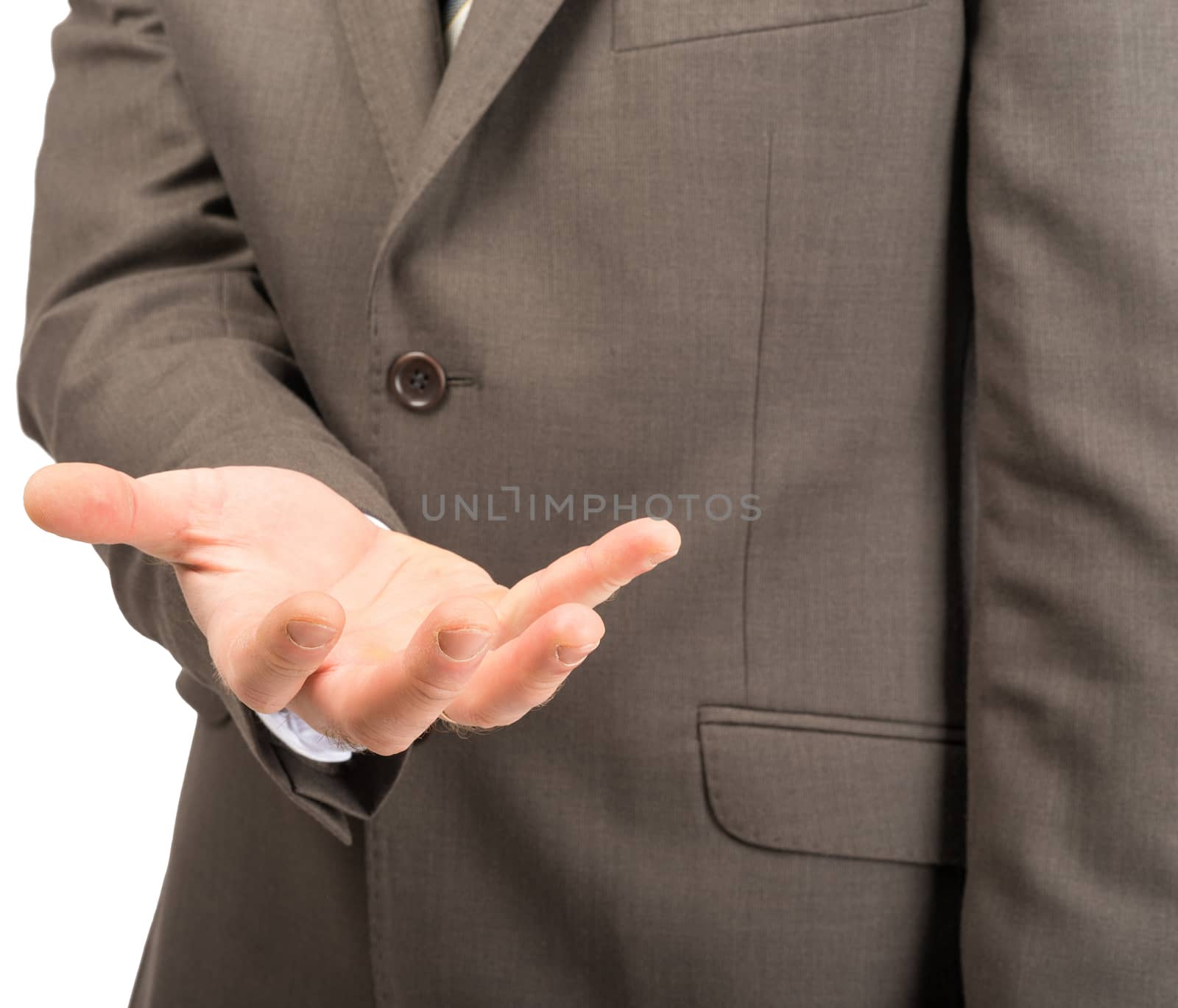 Businessman spread hand isolated on white background