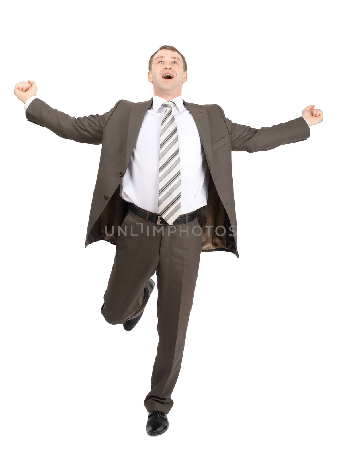 Happy businessman running forward isolated on white background