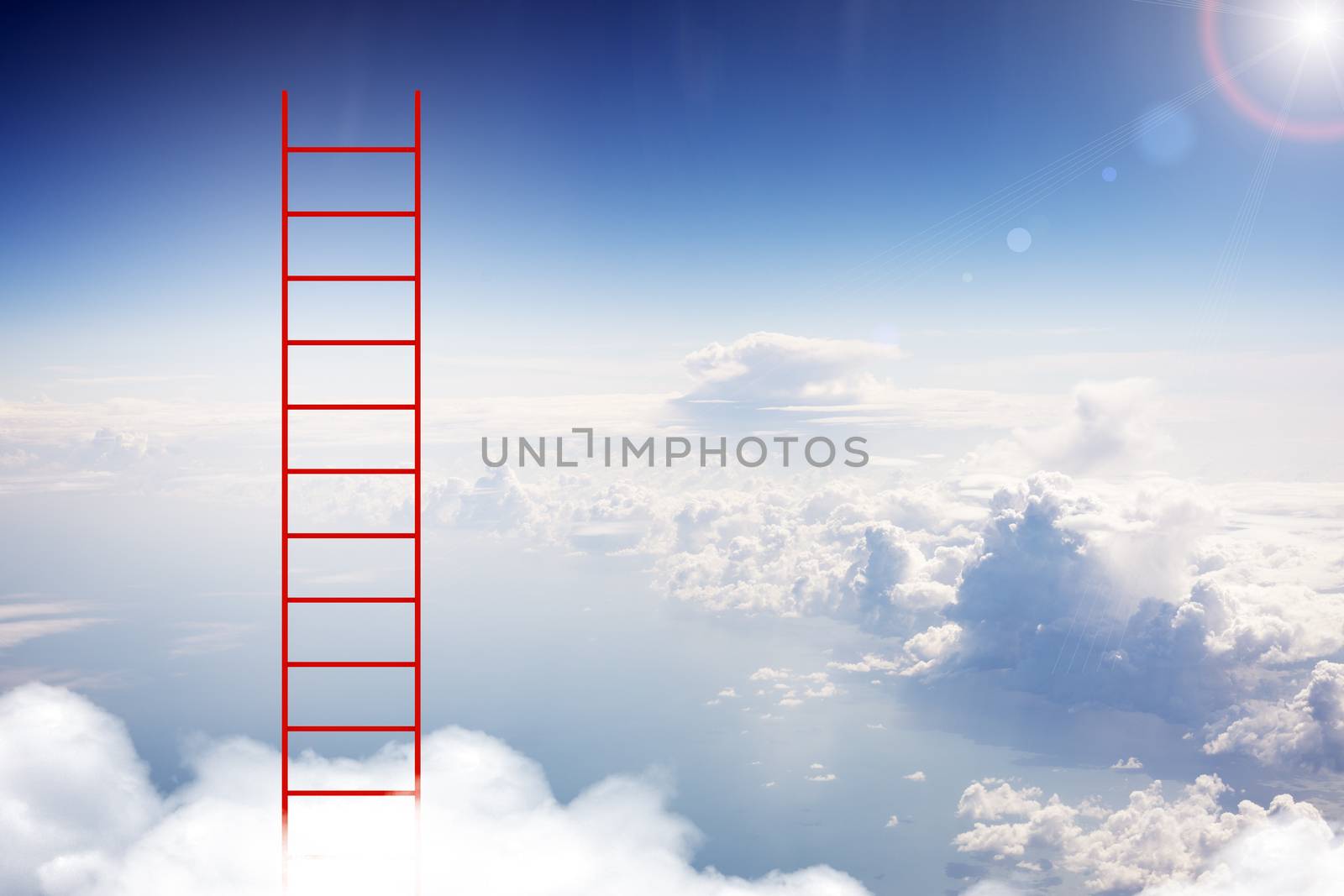 Red ladder in sky with clouds and sun