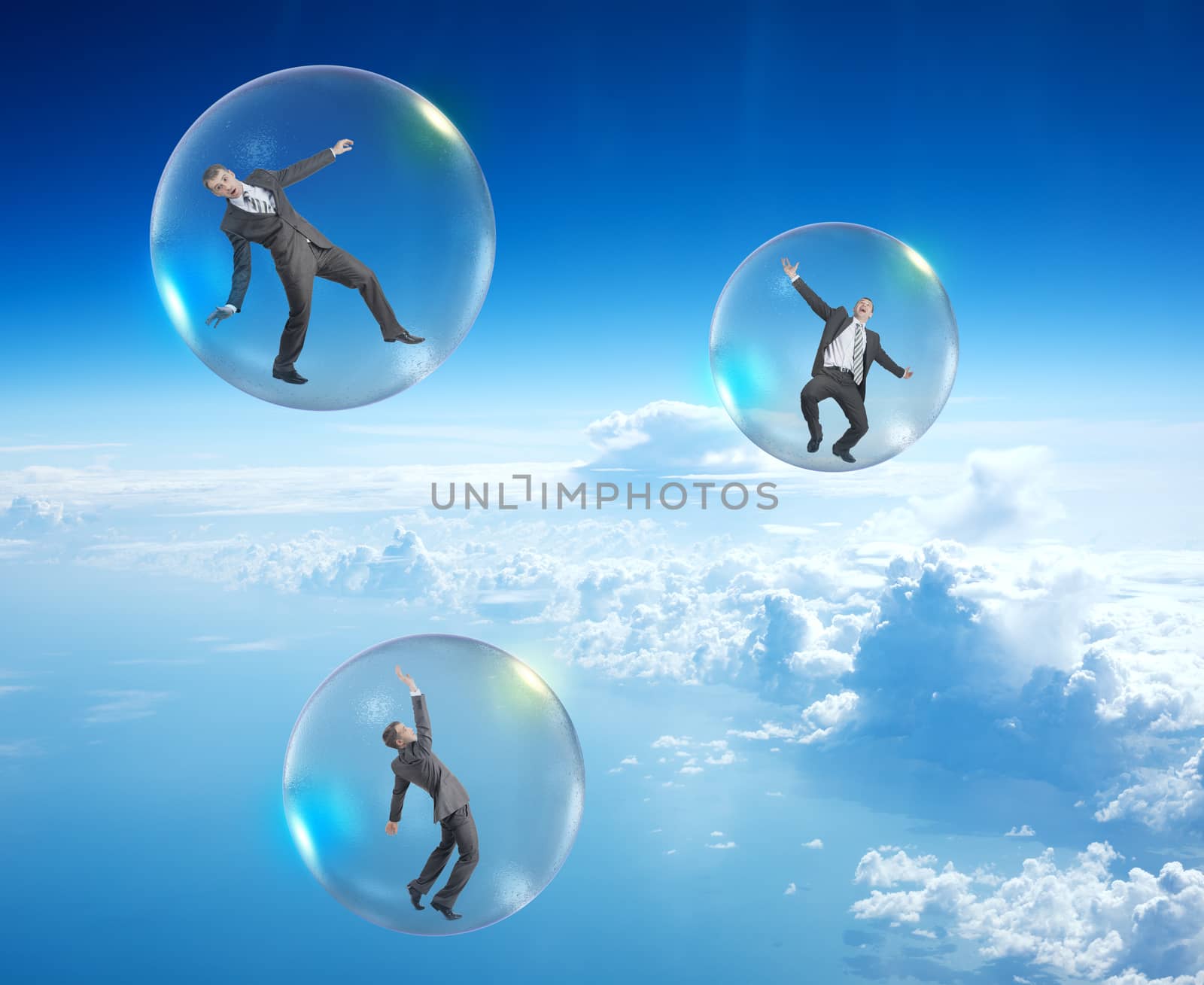 Set of businessmen in bubbles flying in sky with clouds