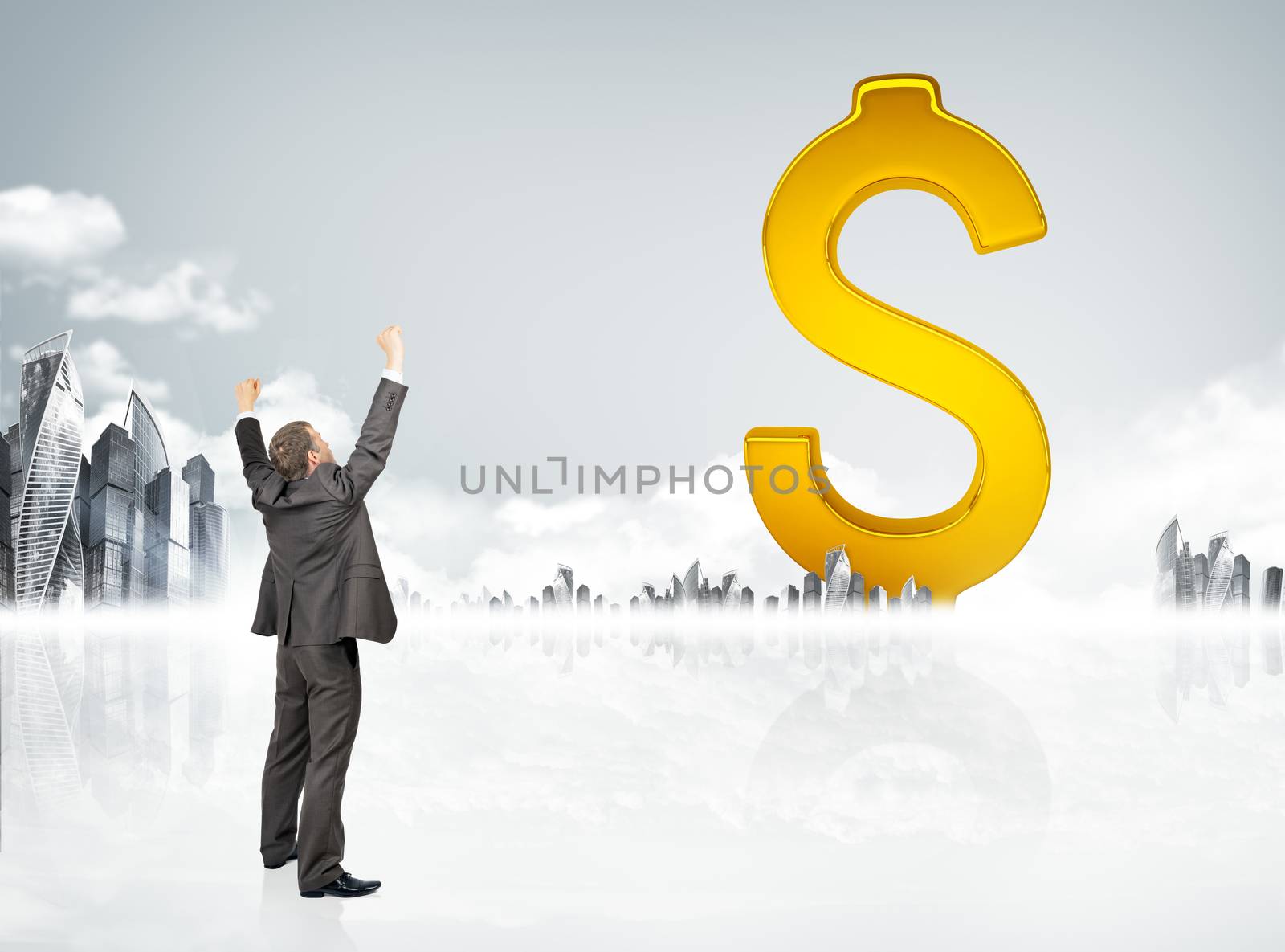 Businessman with spread arms in front of big dollar sign