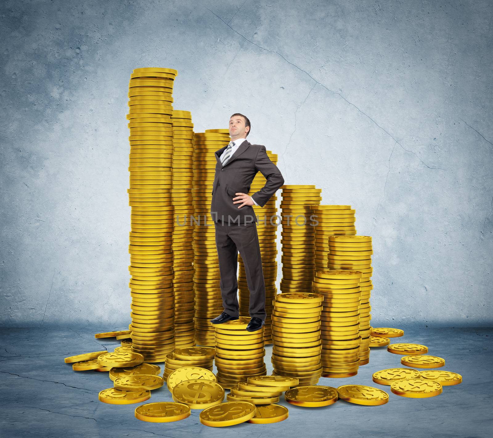 Proud businessman standing on stack of coins on grey background