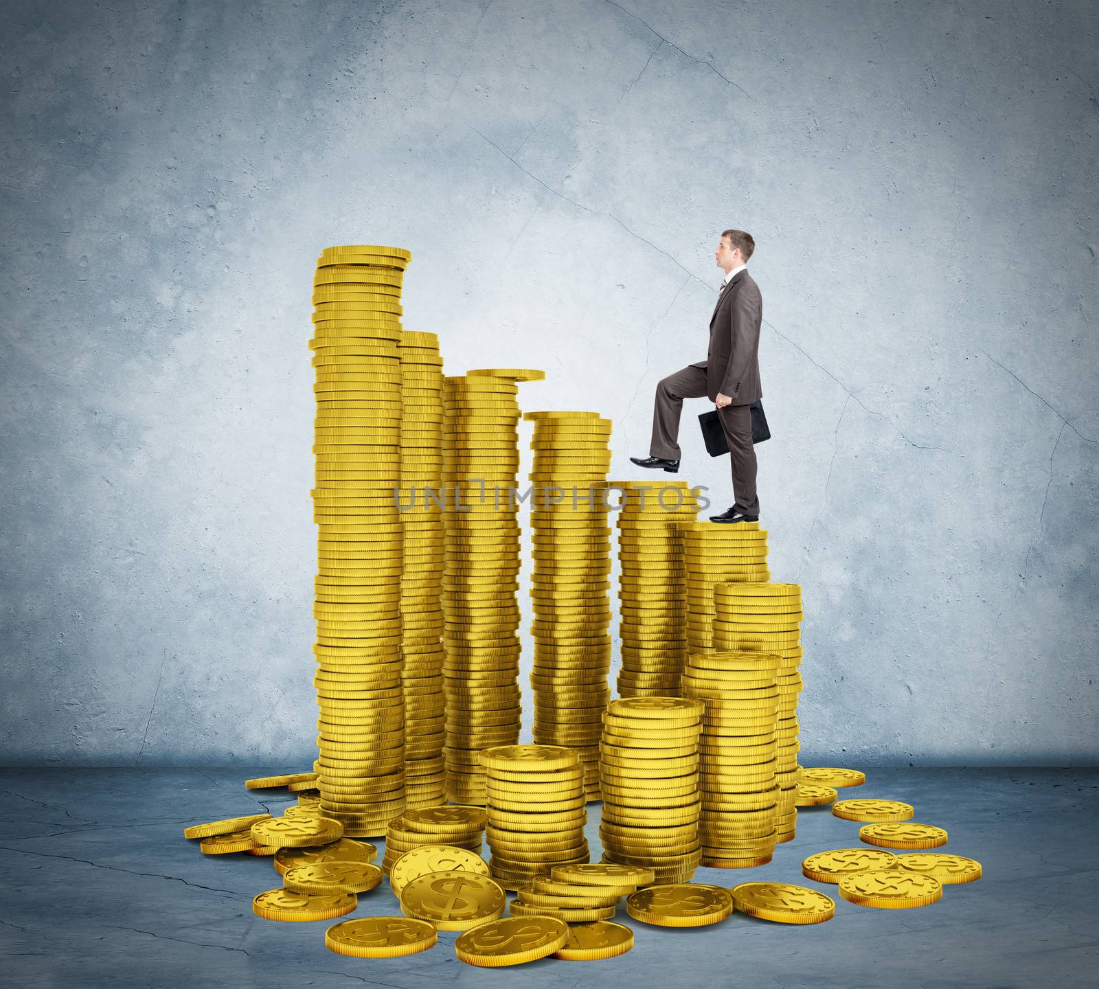 Businessman walking on stack of coins on grey background