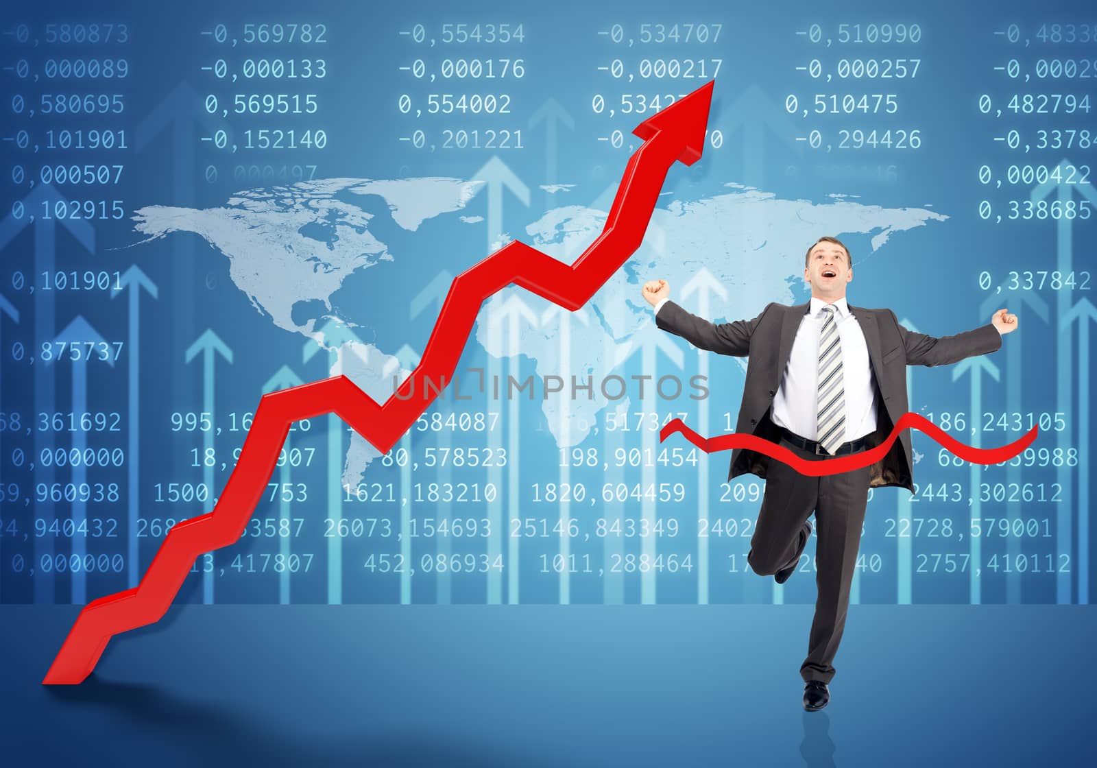 Happy businessman running forward on abstract background with world map and chart