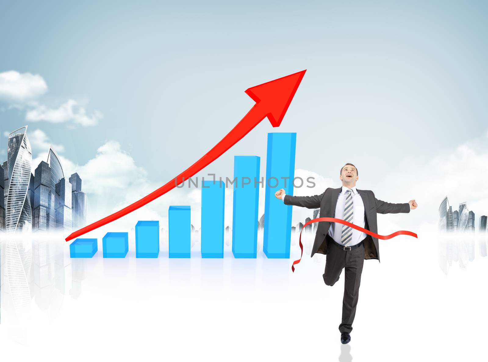 Happy businessman running forward on abstract background with graphical chart
